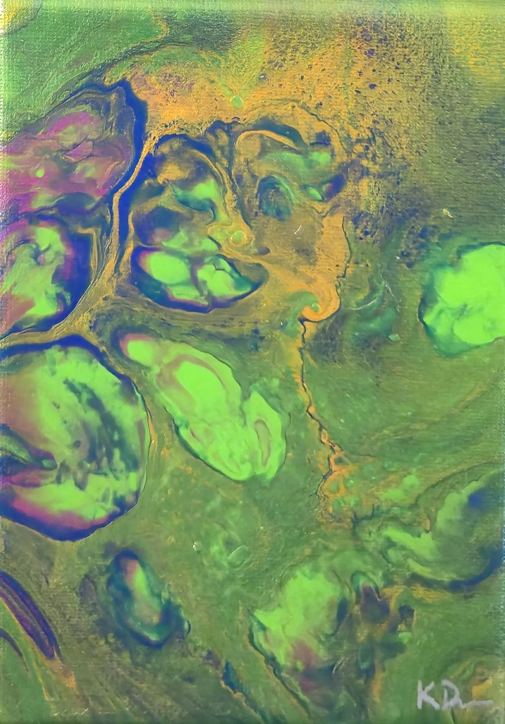 Abstract painting with green, yellow, purple, and gold colors forming organic shapes and swirling patterns.