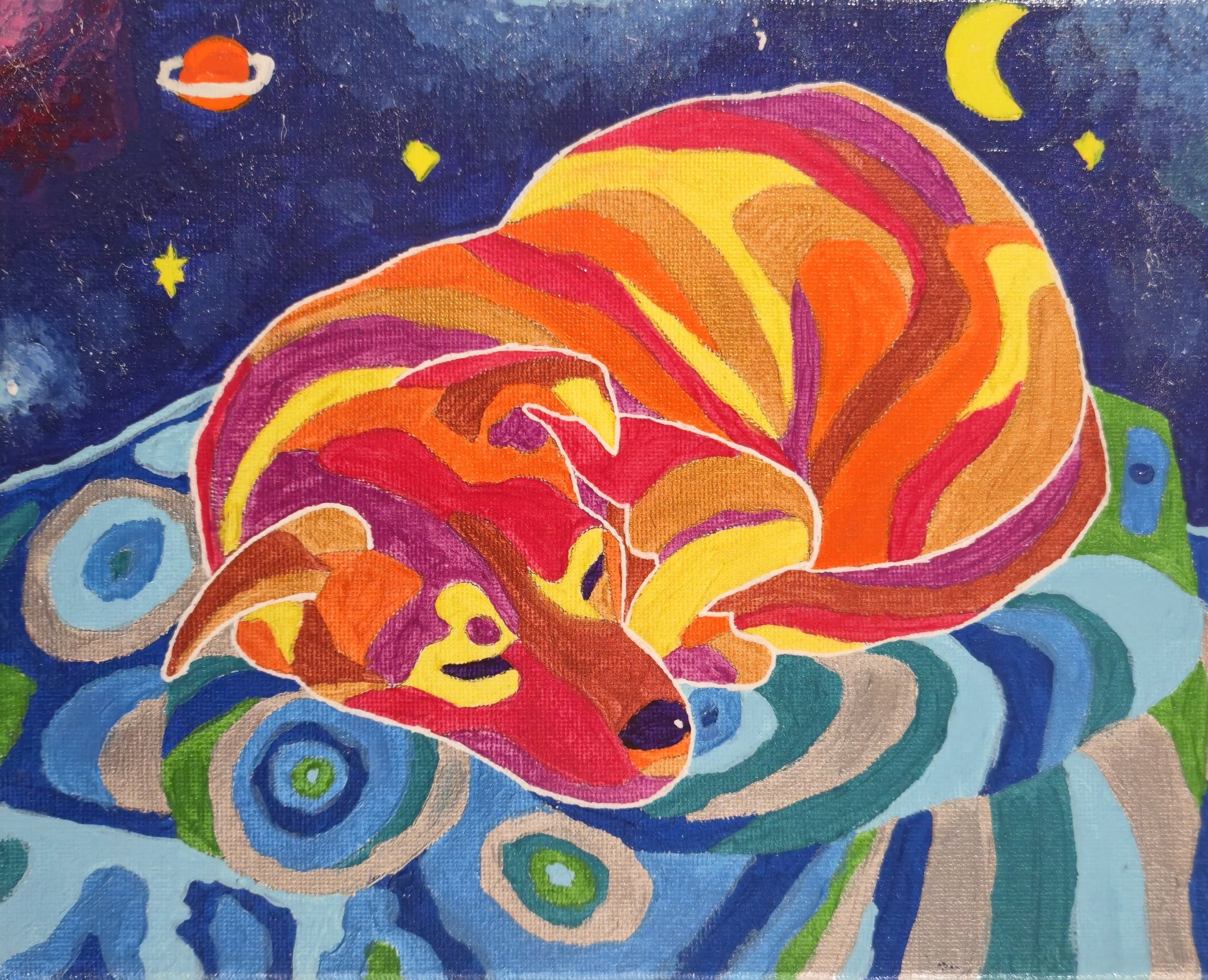Colorful painting of a sleeping dog with a swirling background of stars, planets, and abstract patterns in vibrant colors.