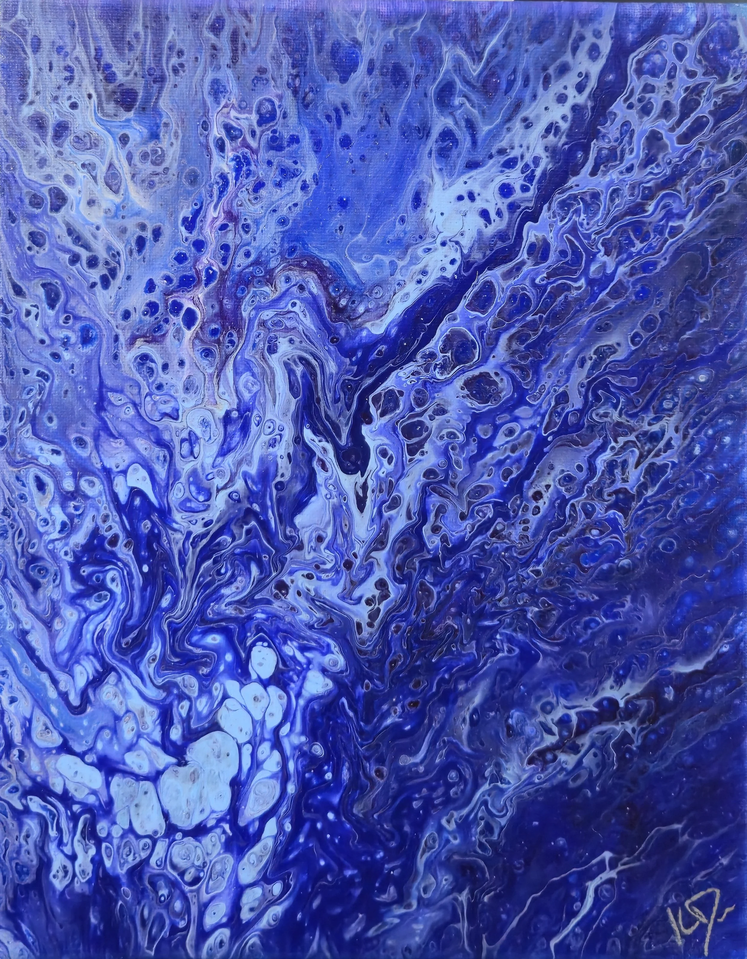 Abstract painting with swirls of blue, purple, white, and hints of black, resembling flowing water or cosmic patterns.