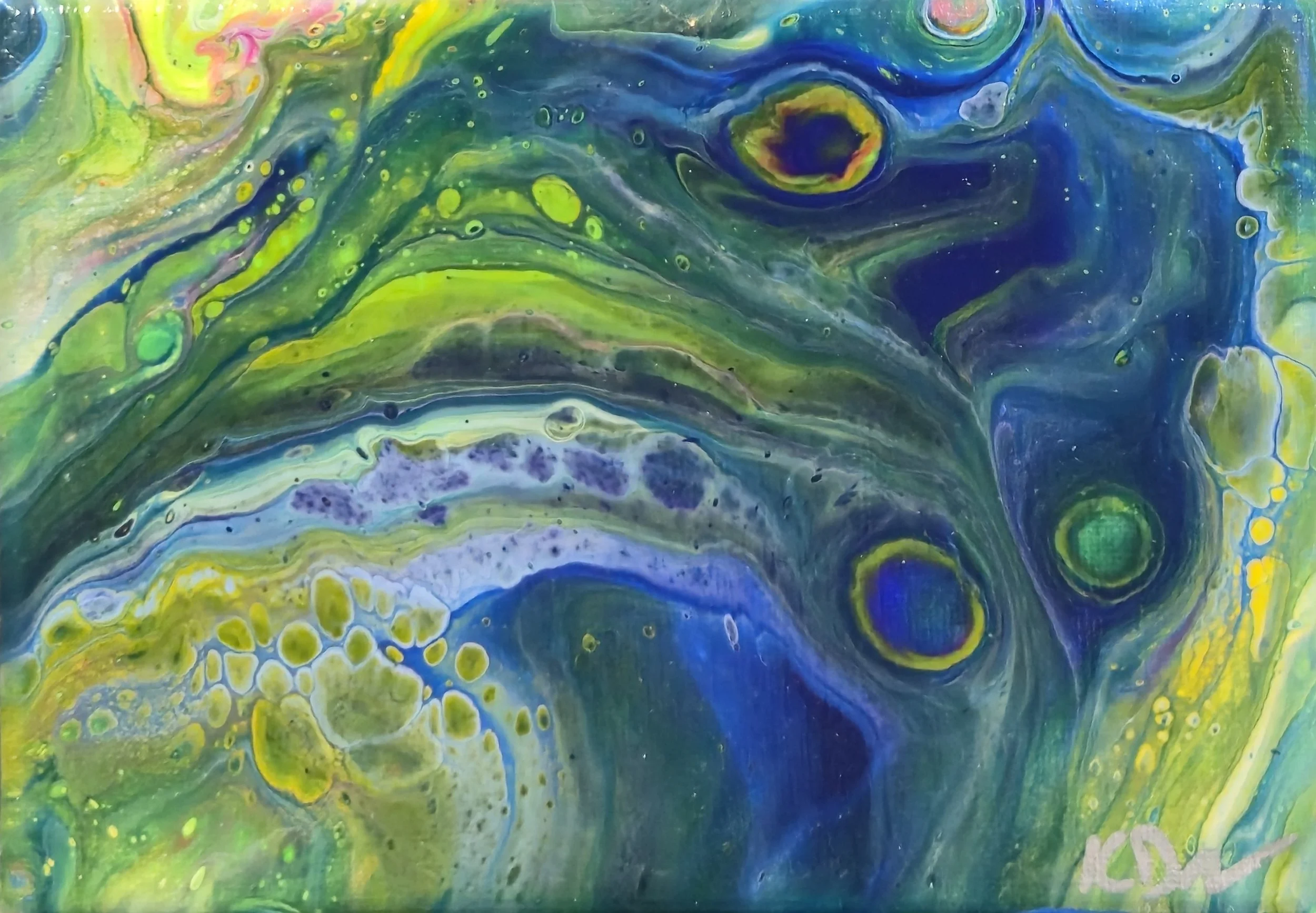 Abstract watercolor painting with swirling patterns in blue, green, yellow, and hints of purple.