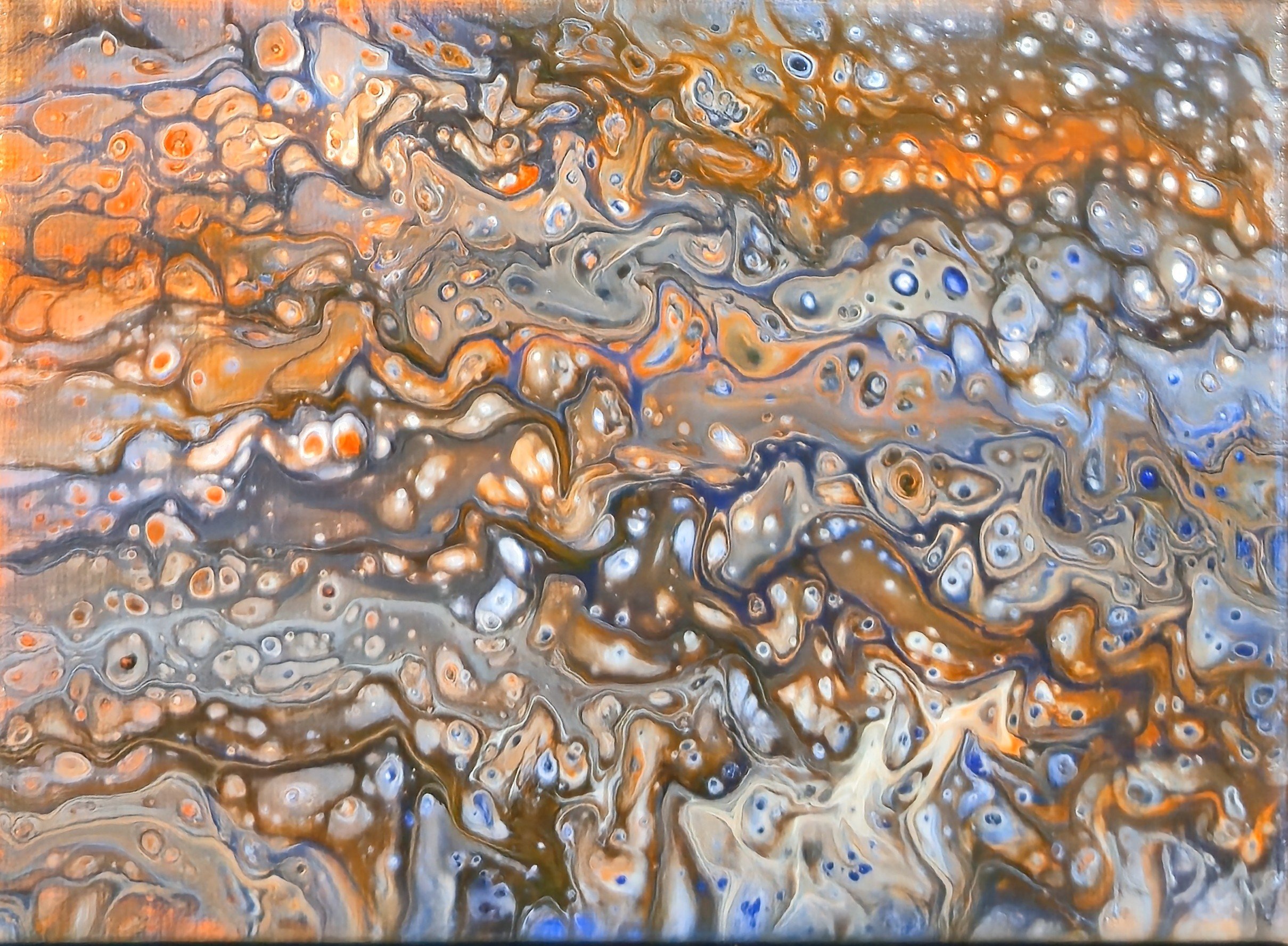 Abstract painting with swirling patterns of orange, blue, black, and beige colors.