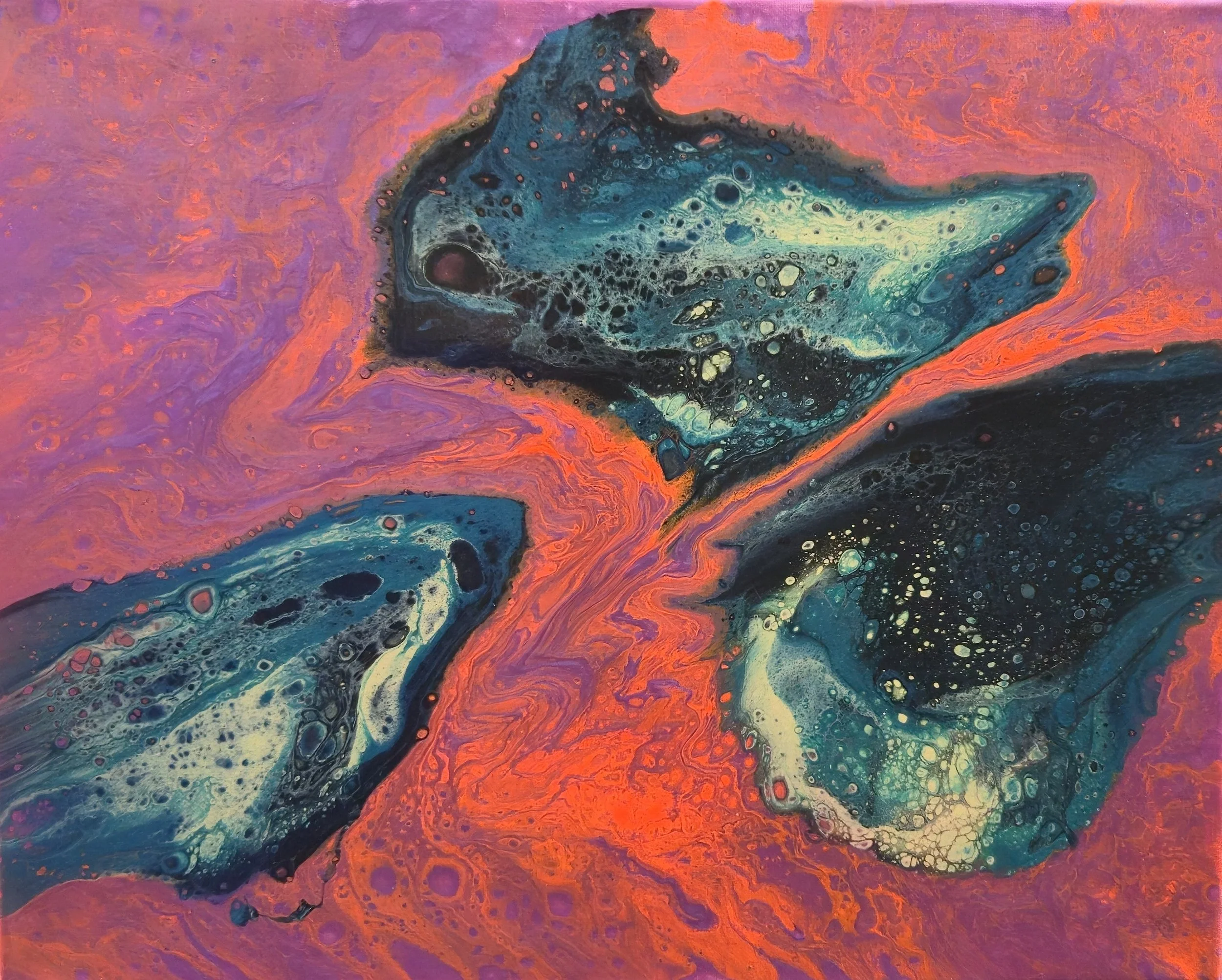 Abstract acrylic painting with swirling dark blue, black, and white forms against a vibrant pink and purple background.