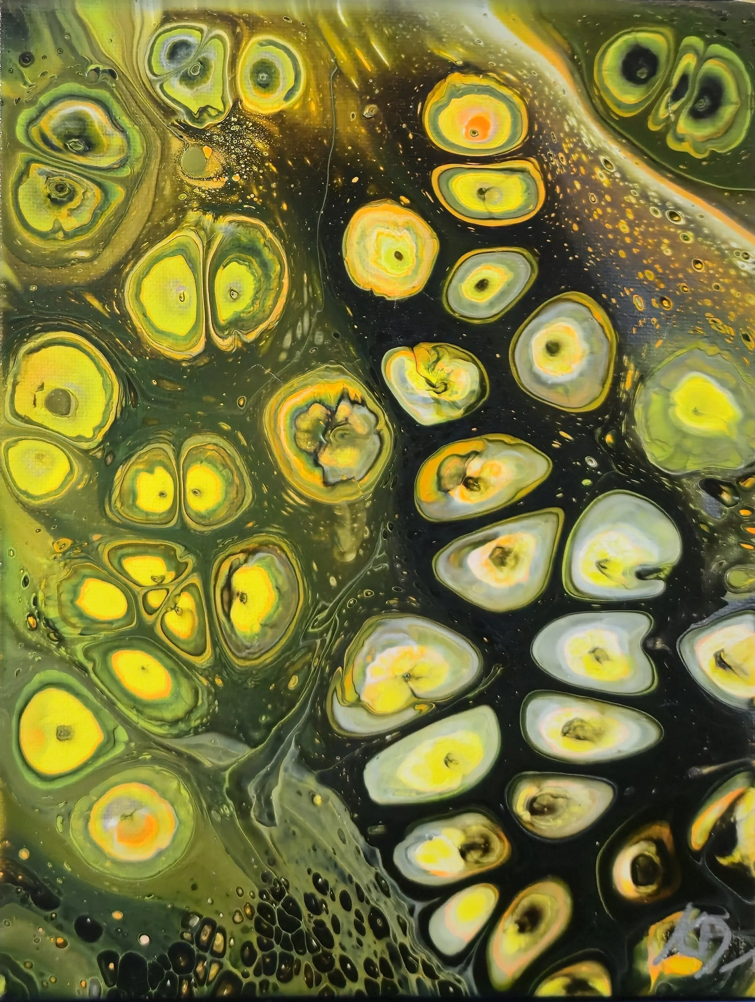 Abstract painting with yellow, green, black, and white colors forming irregular, concentric shapes resembling cells or geological formations.