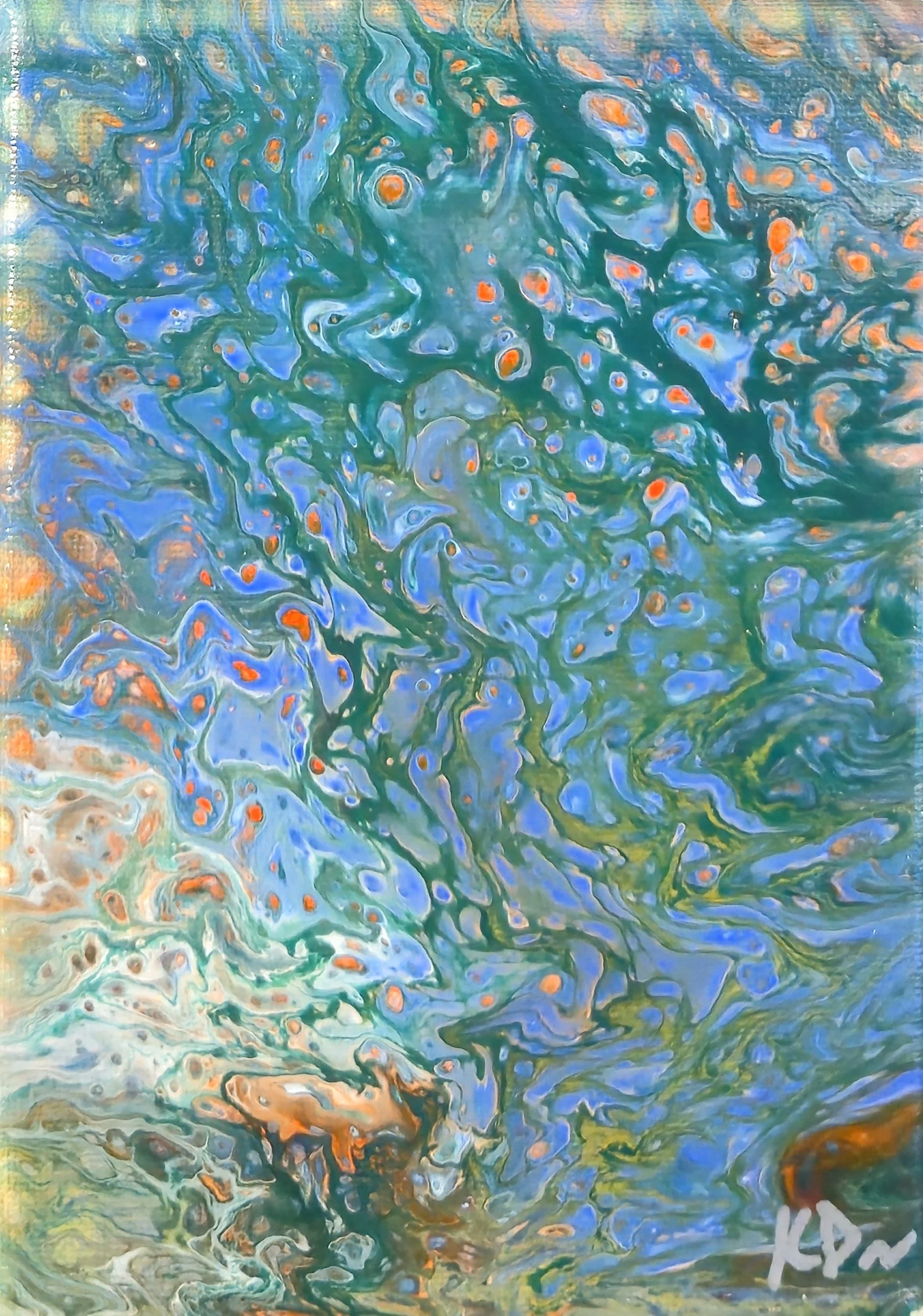 An abstract painting with swirling blue, green, orange, and white colors, creating a marbled effect.
