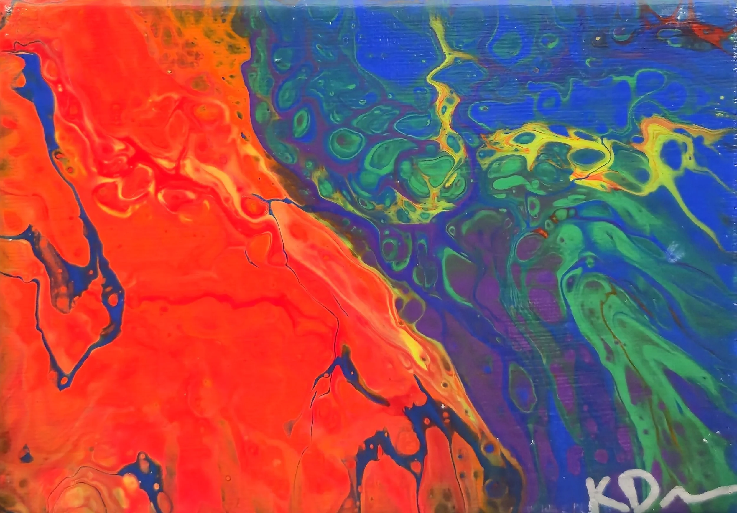 Abstract colorful painting with swirling patterns in red, orange, blue, green, yellow, and purple.