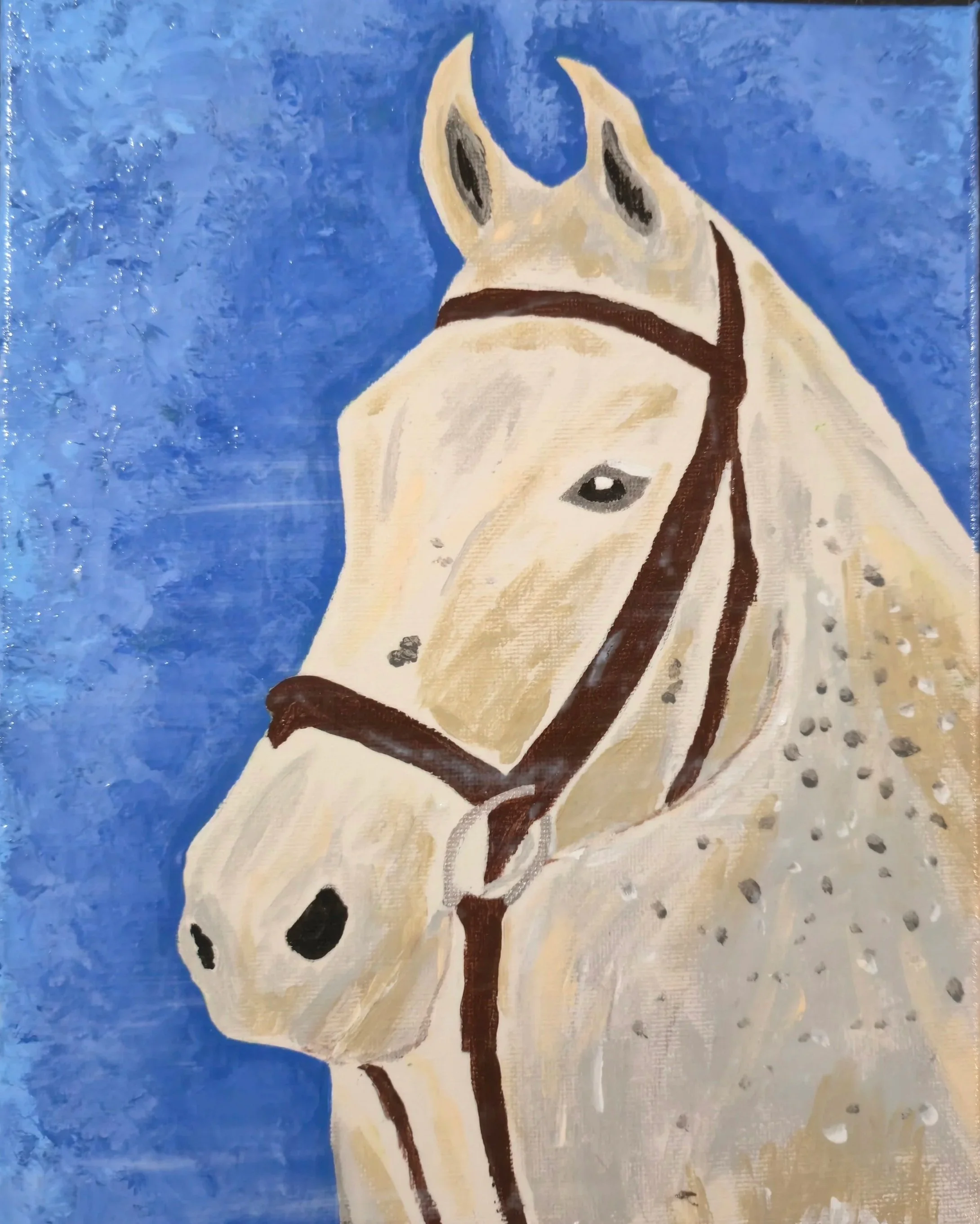 A painting of a white horse with a brown bridle against a blue background.