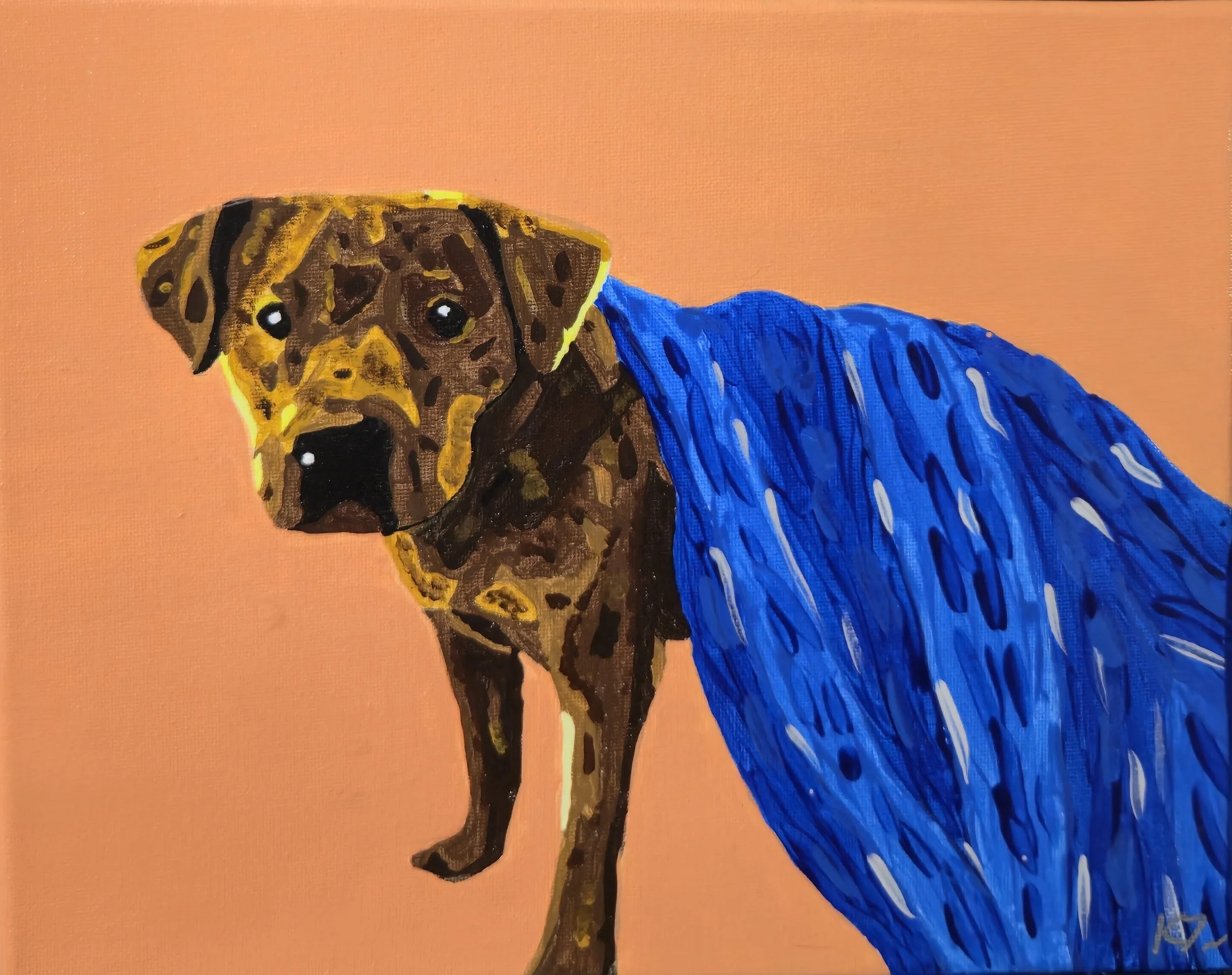A painted illustration of a brown dog with black spots, wearing a blue blanket, against a peach-colored background.