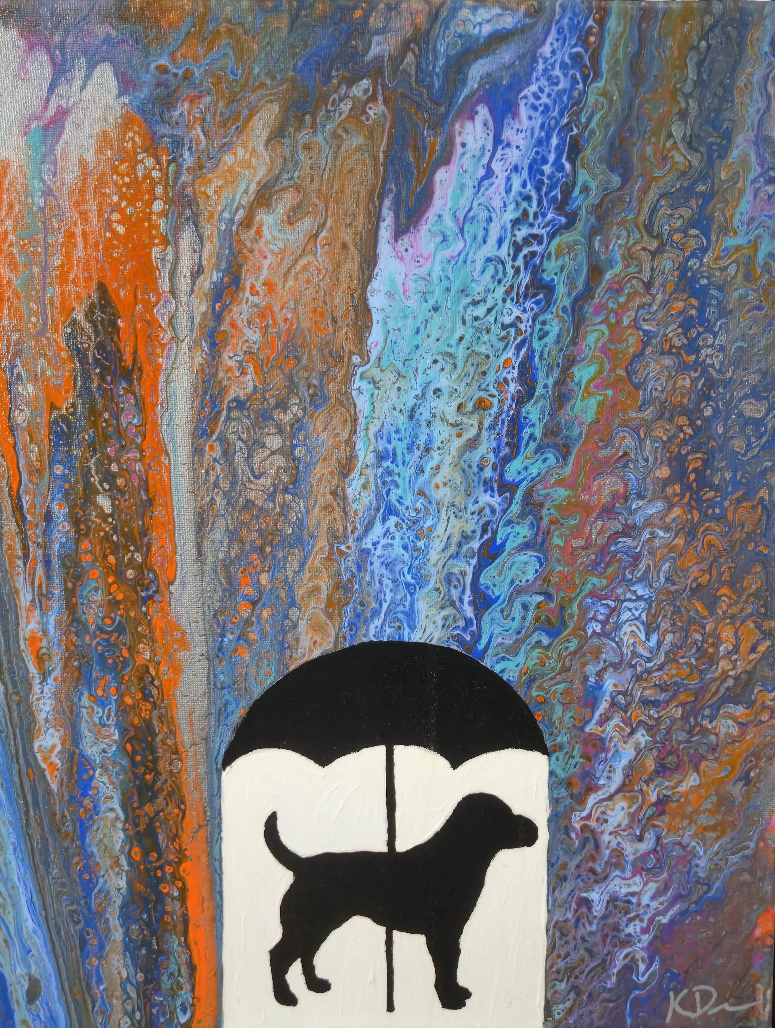 Abstract painting with swirling colors of orange, blue, purple, and brown. A black silhouette of a dog holding an umbrella is in the center, with a white background behind it.