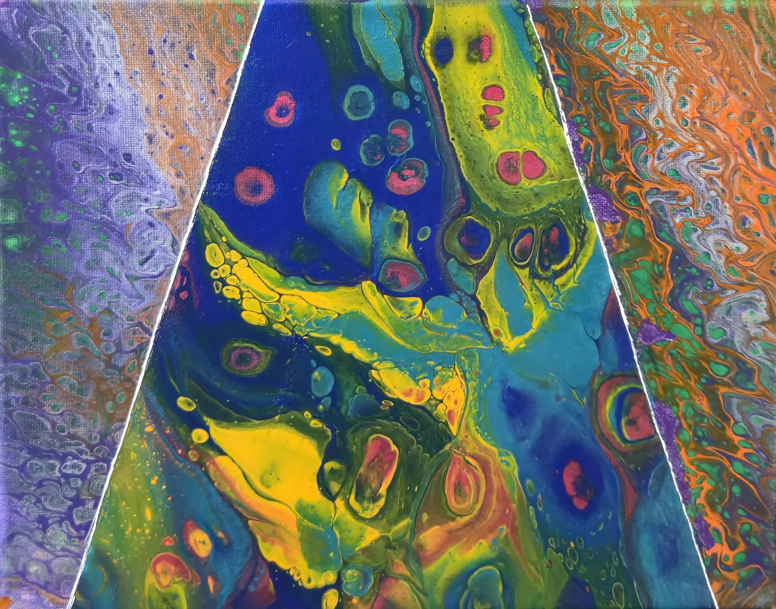 Abstract painting with vibrant swirls and cells in blue, yellow, green, purple, orange, and pink colors.