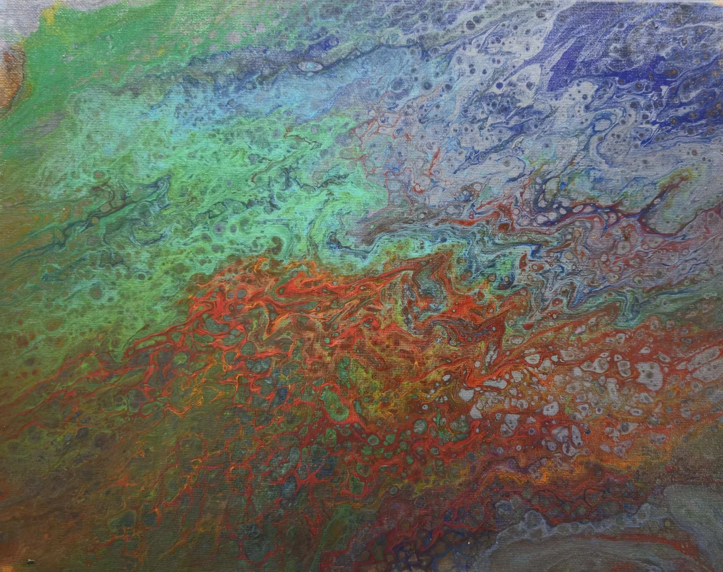 Abstract colorful painting with swirling patterns in blue, green, red, and orange.