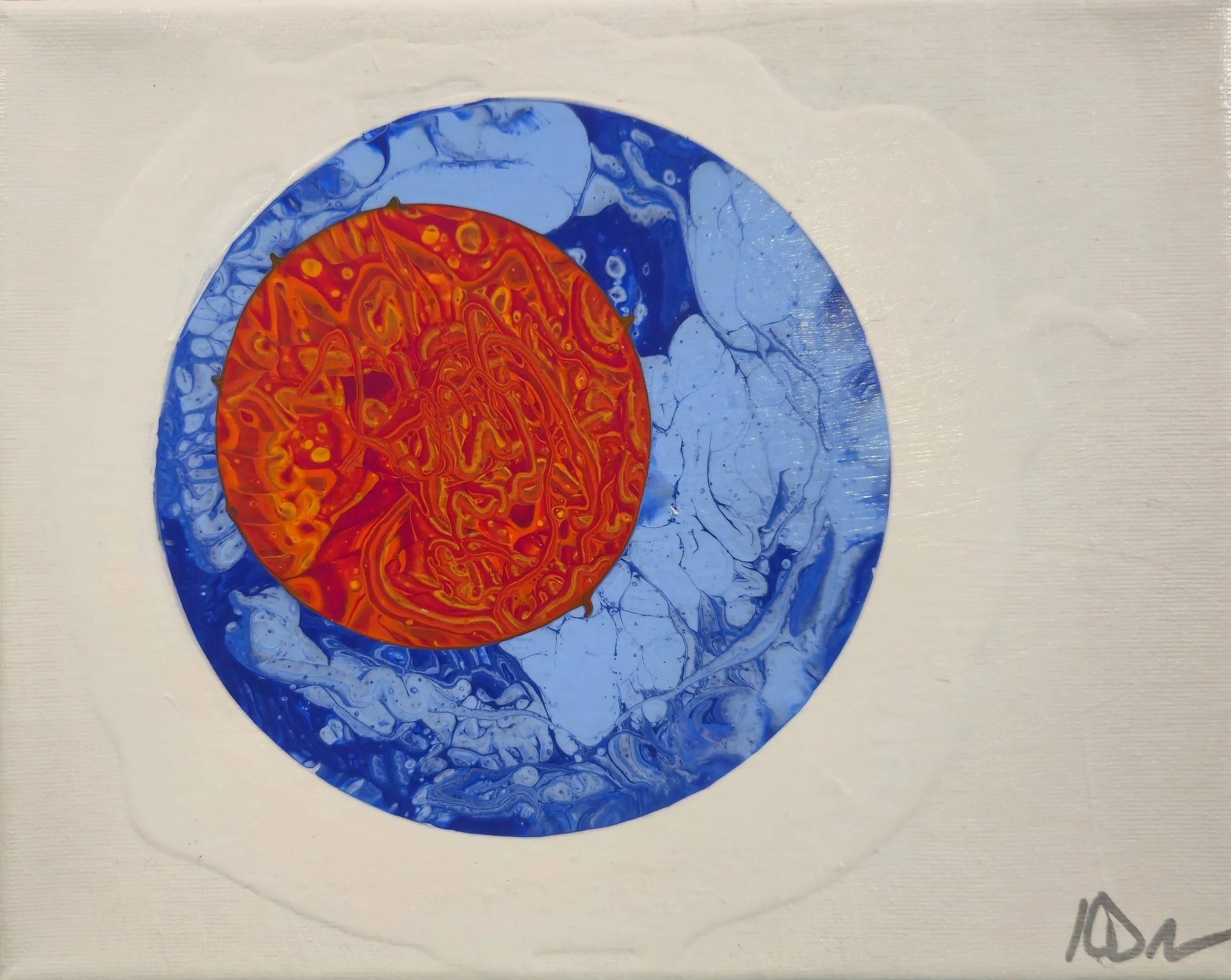 Abstract painting with a central orange and red circular area surrounded by blue and white marbled patterns on a white background.