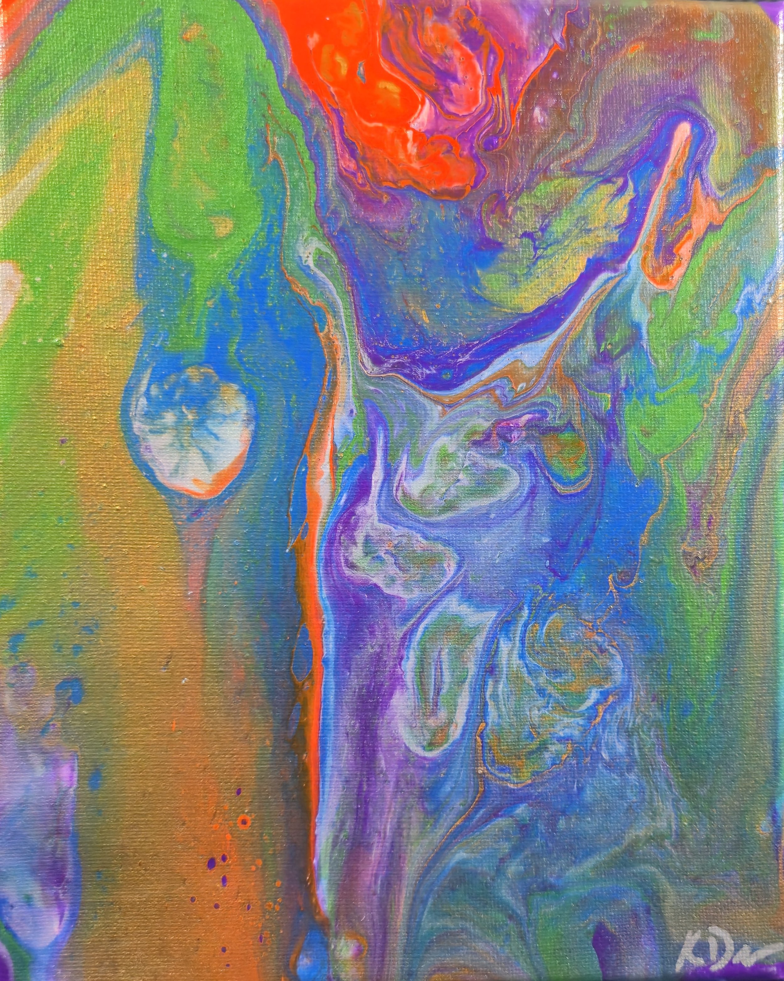 An abstract painting with swirling patterns of blue, purple, green, orange, and yellow colors.