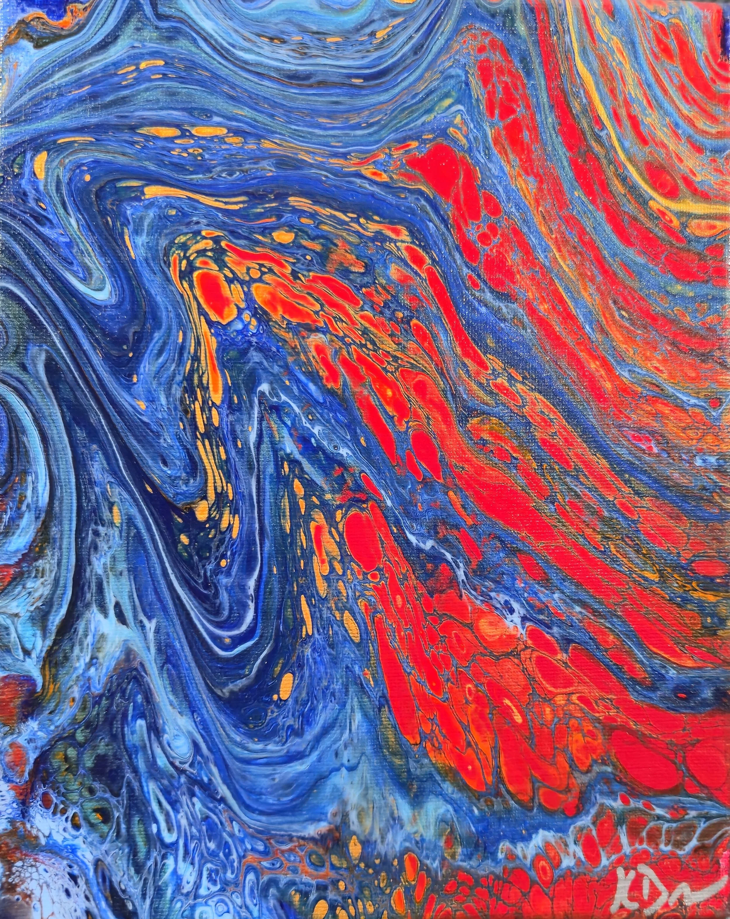 Abstract painting with swirling red, blue, orange, and yellow colors.