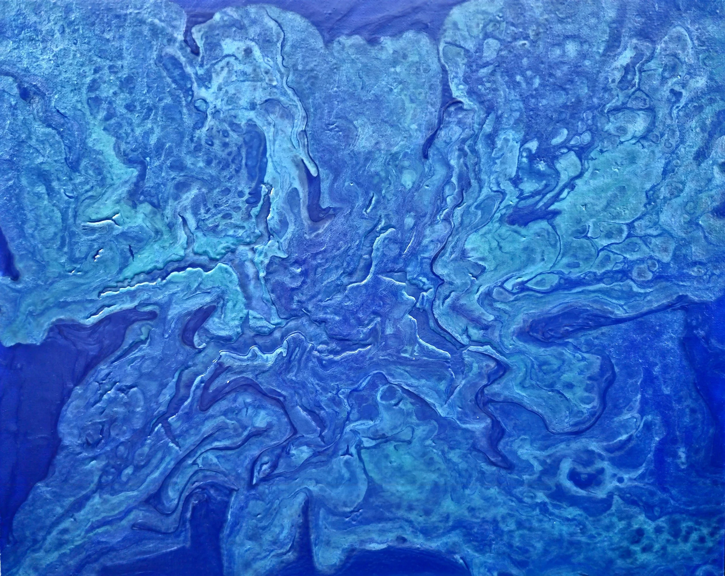 Abstract painting with various swirling and flowing patterns in shades of blue.