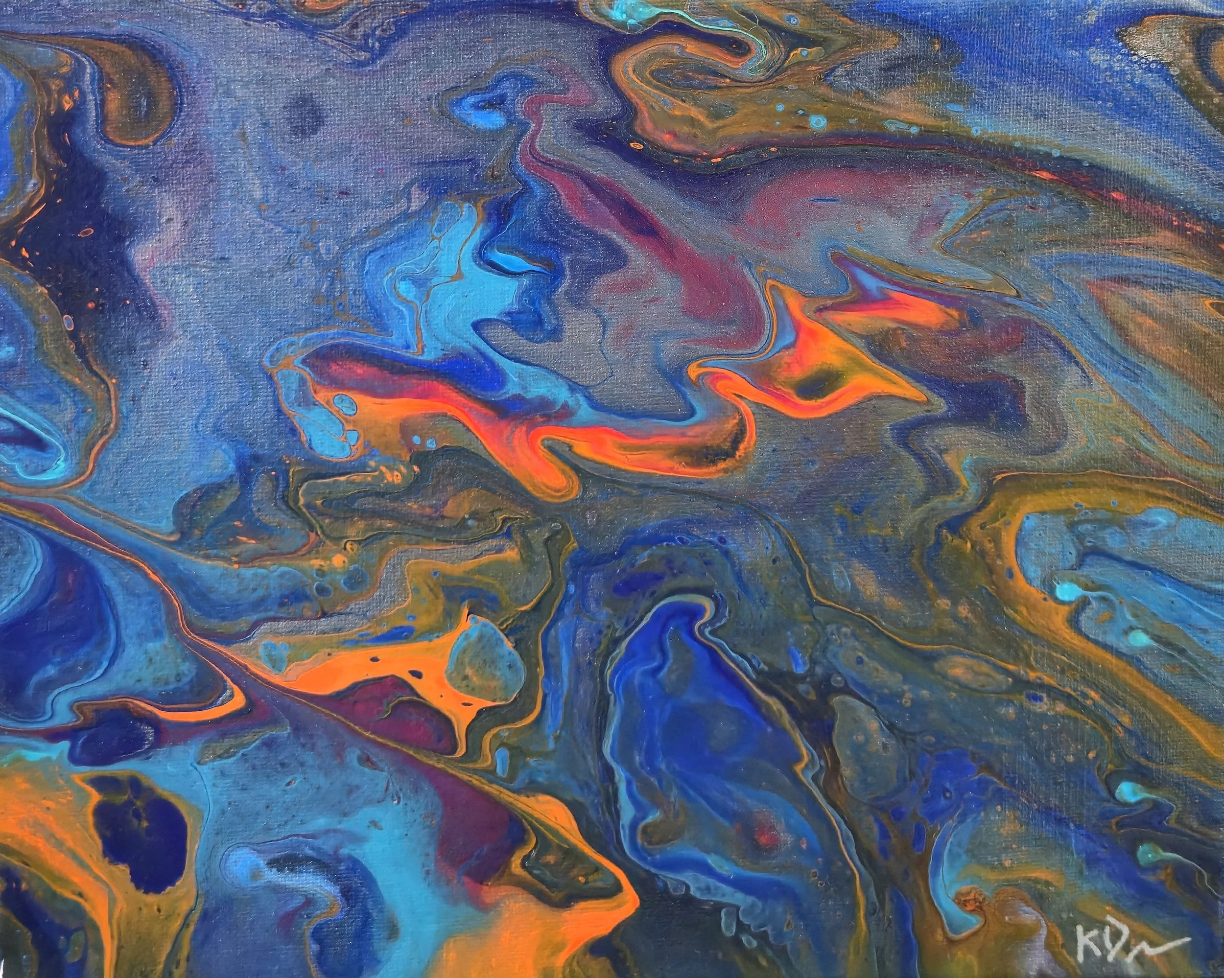 Abstract painting with swirling patterns of blue, orange, red, and gold colors.