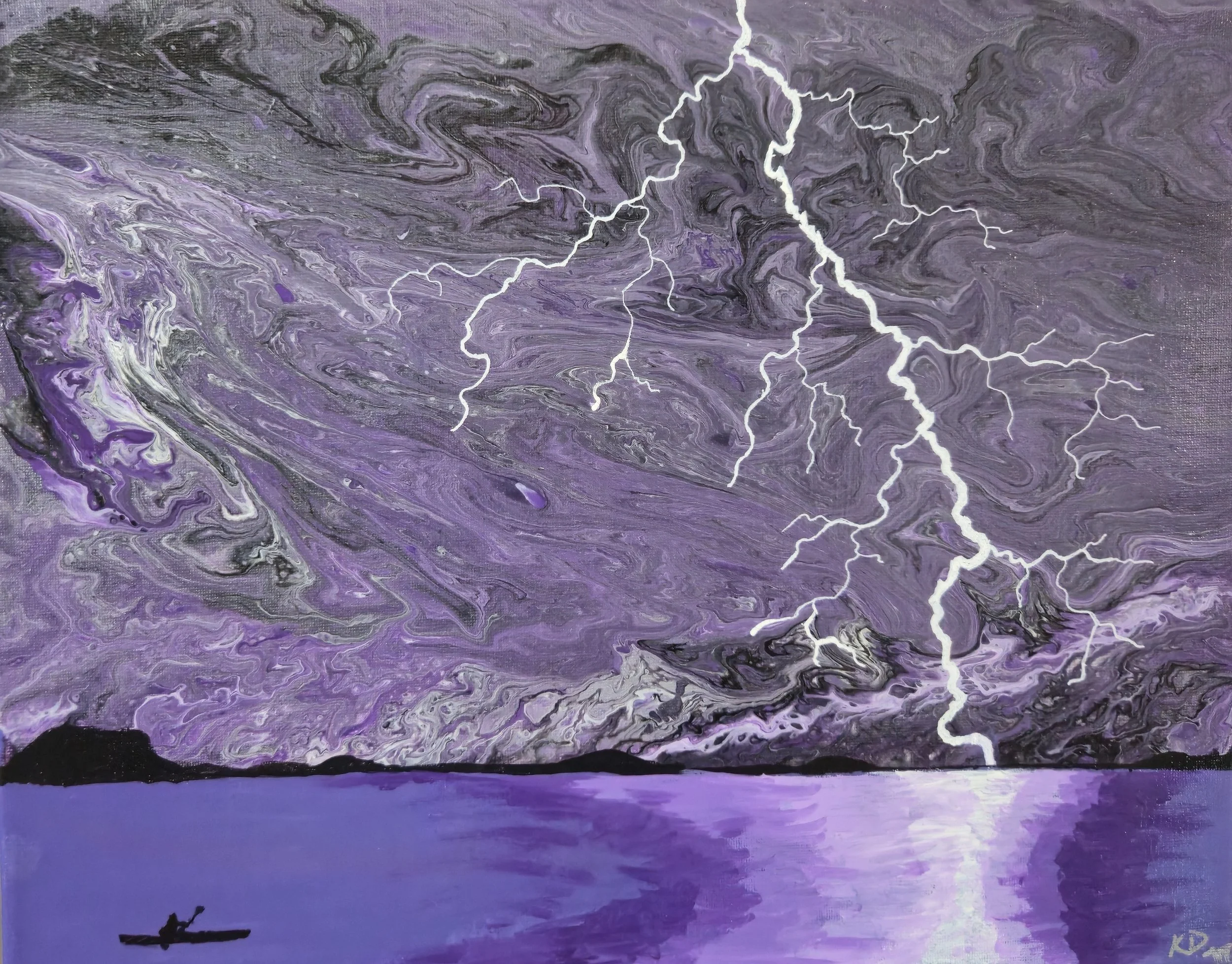 Painting of a purple and black stormy sky with multiple lightning bolts over a dark water body, with a person in a canoe in the lower left corner.