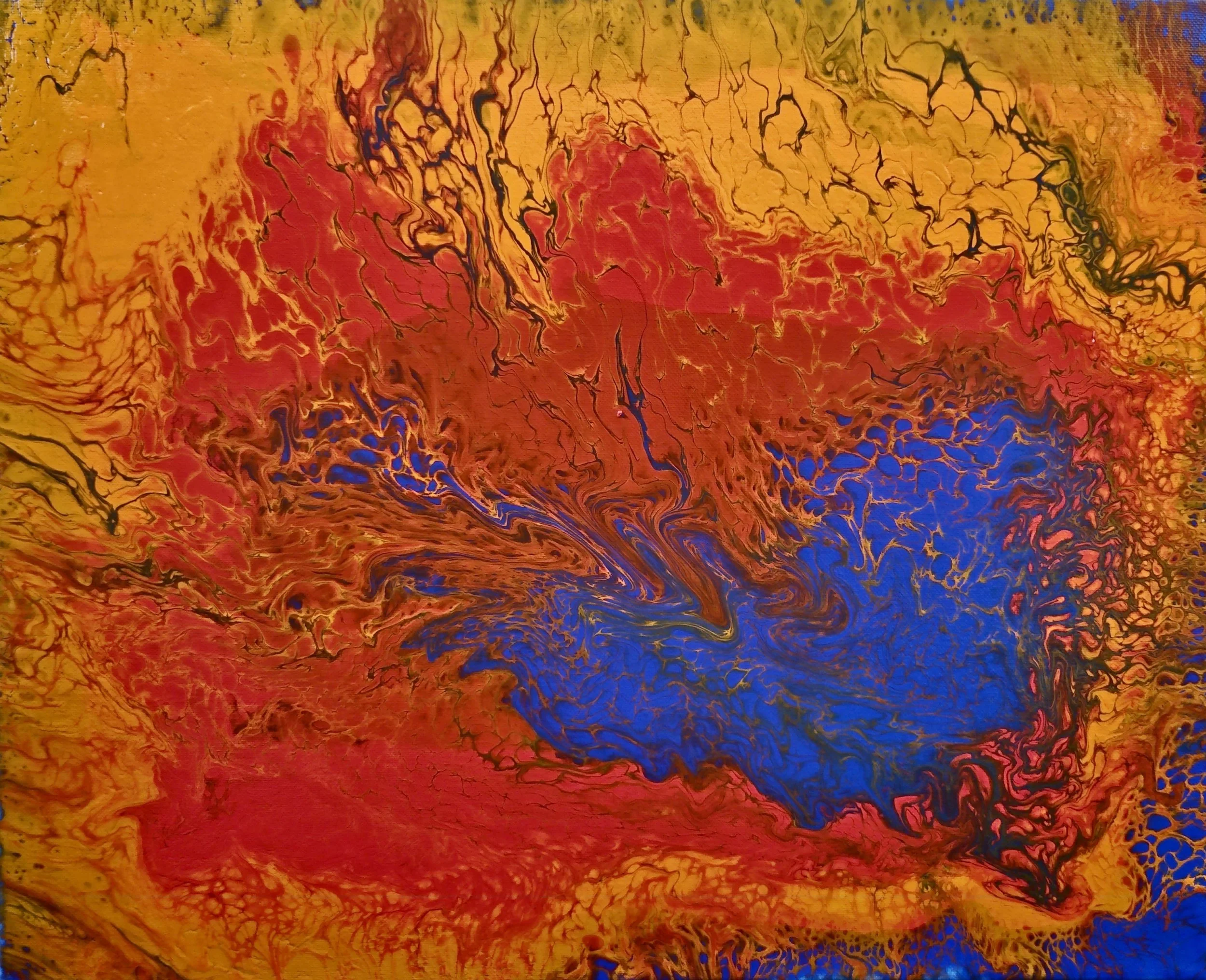 Abstract painting with swirling red, blue, yellow, and black colors.