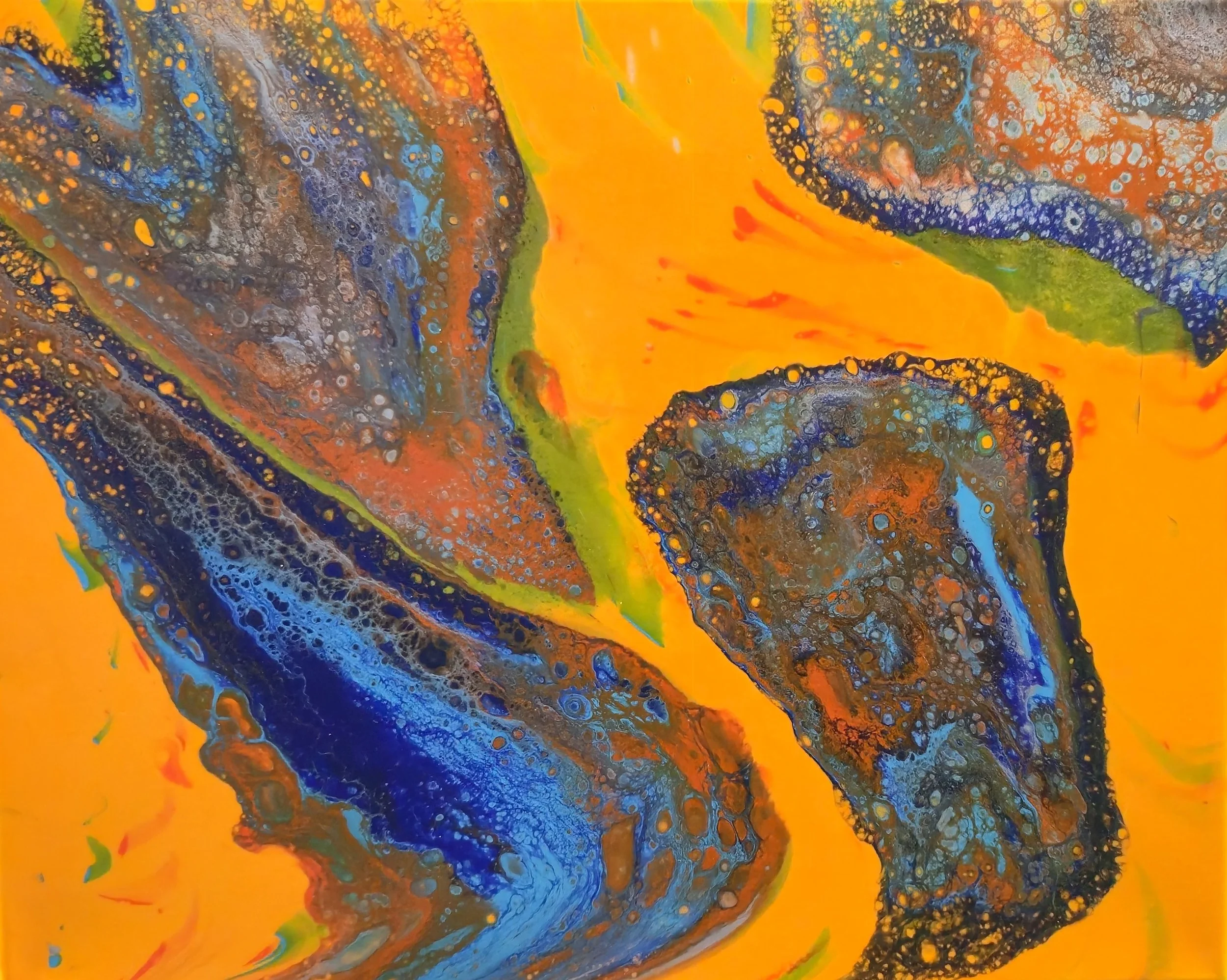 Abstract painting with orange, blue, green, black, and brown colors with swirling patterns and textured details.