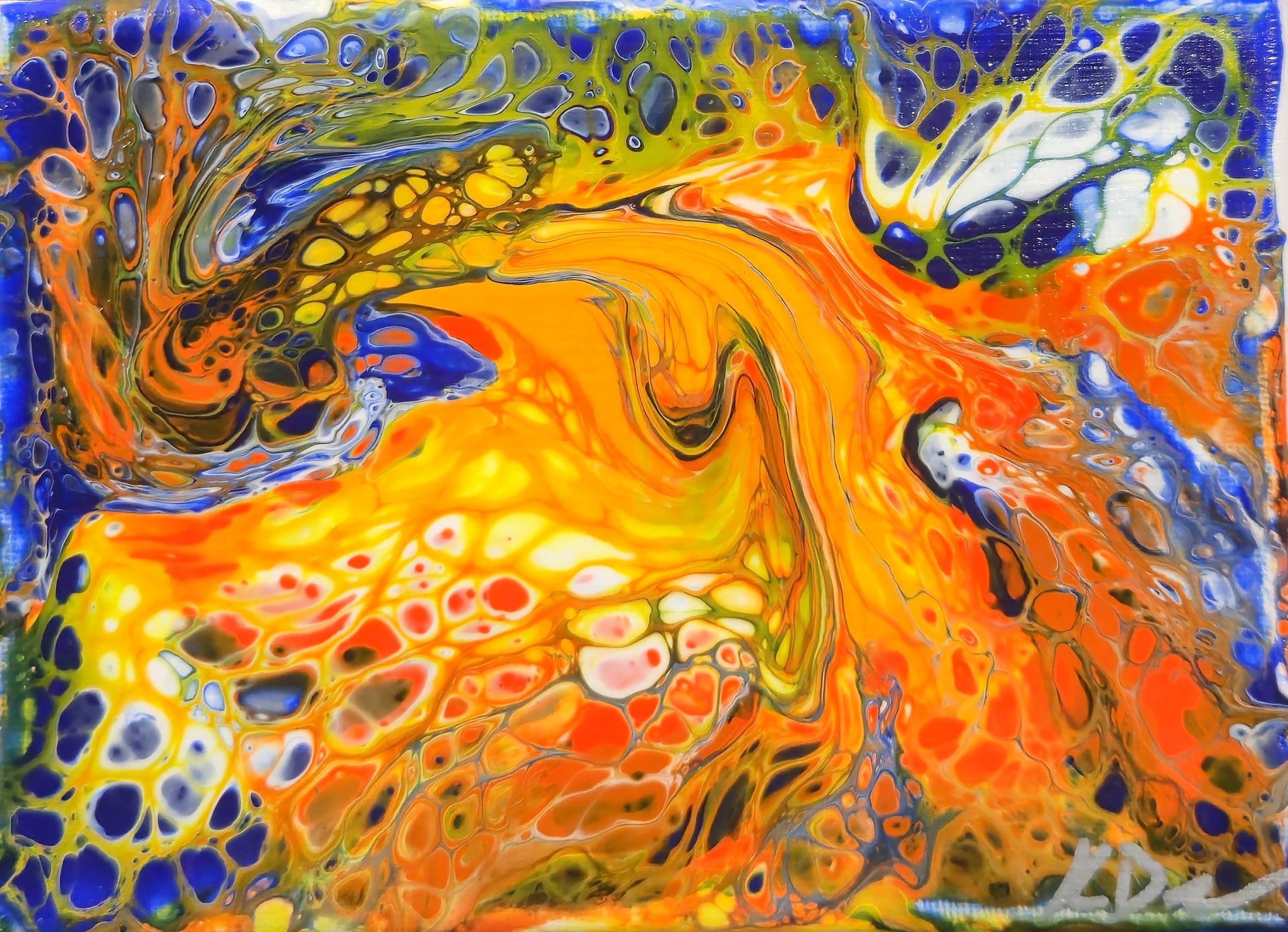 Abstract painting with vibrant colors, predominantly orange, yellow, blue, green, and black, featuring swirling patterns and cell-like structures.