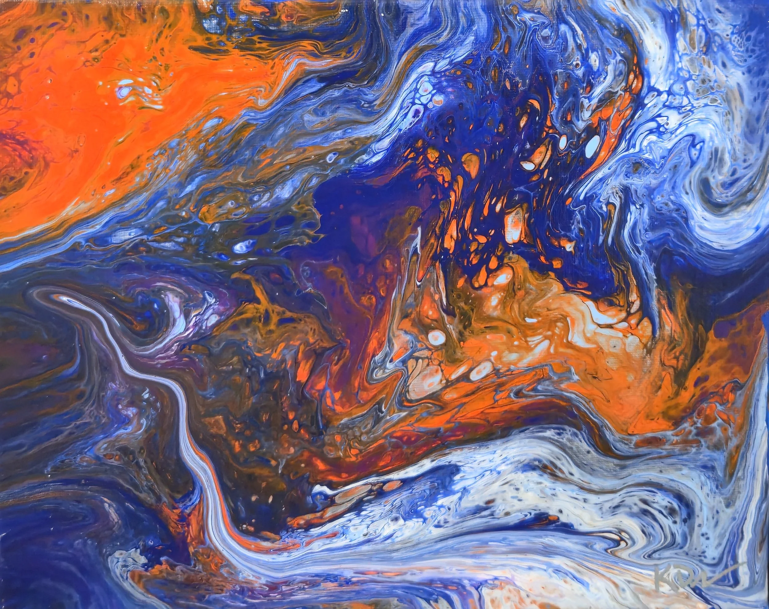 Abstract colorful swirl painting with shades of orange, purple, blue, black, and white.