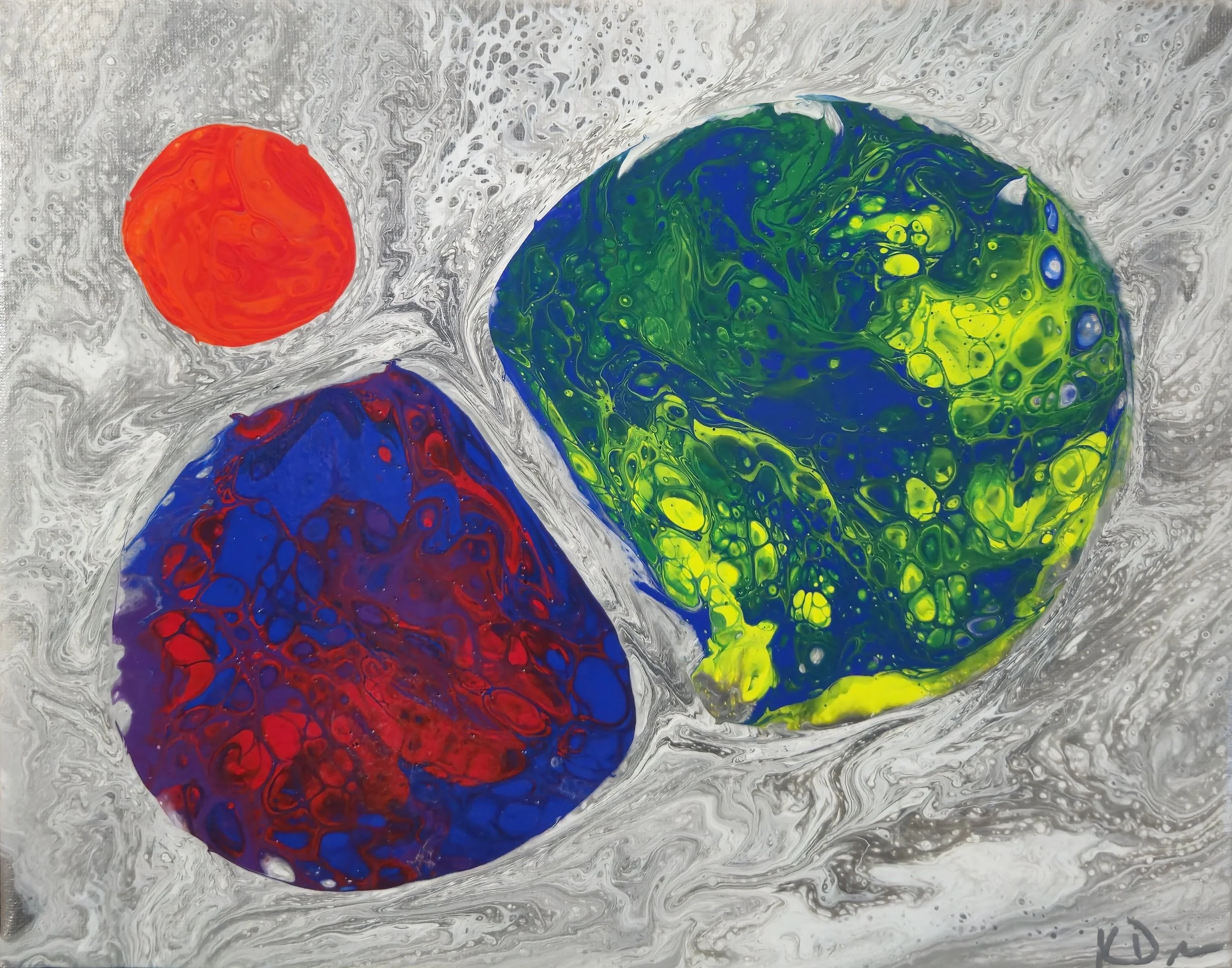 Abstract painting featuring three colorful spherical shapes on a swirling gray and white background, with one sphere predominantly green and yellow, another mainly red and blue, and a smaller red sphere.