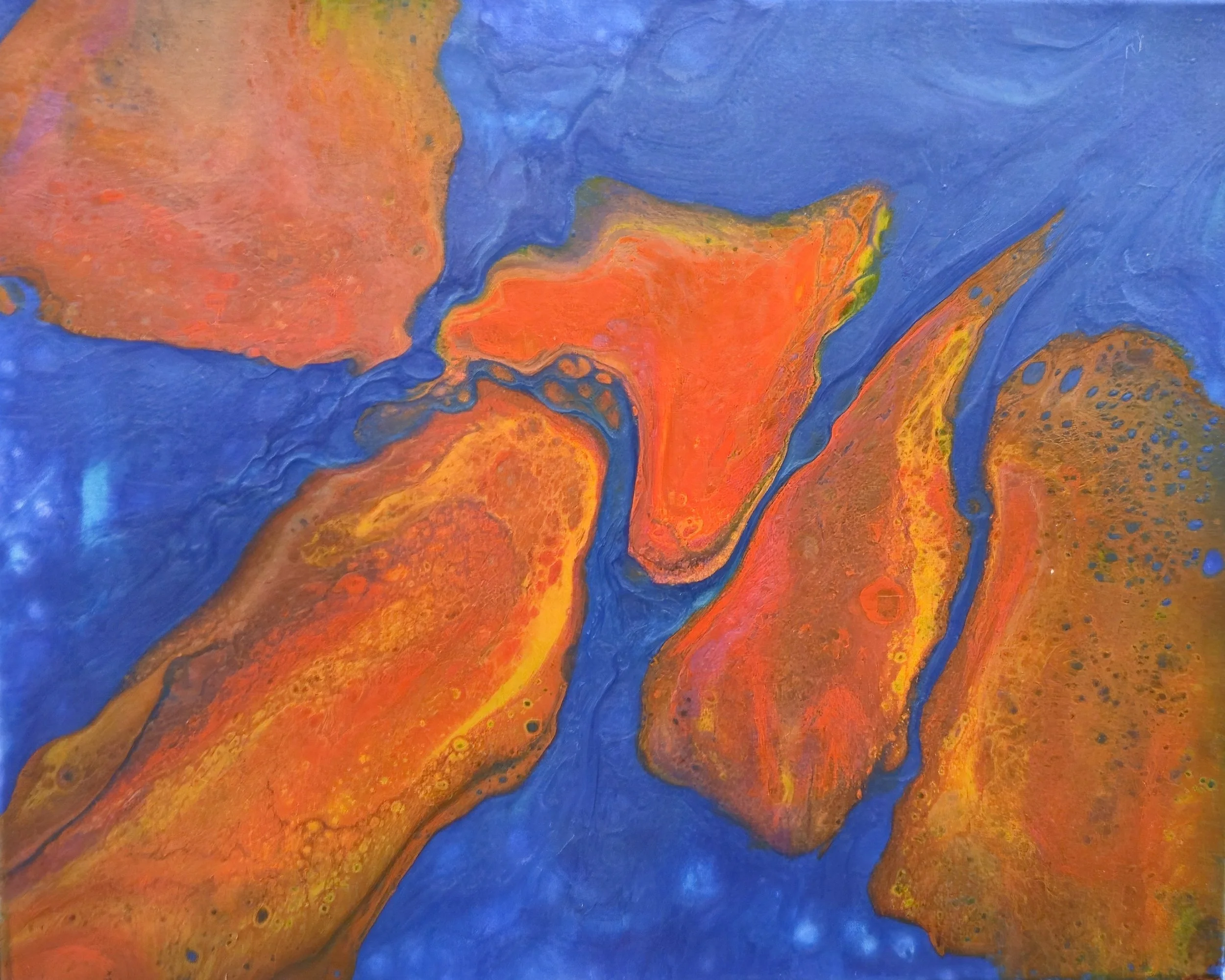 Abstract painting with vibrant orange, yellow, and red shapes outlined in dark lines, set against a blue background with swirling patterns.