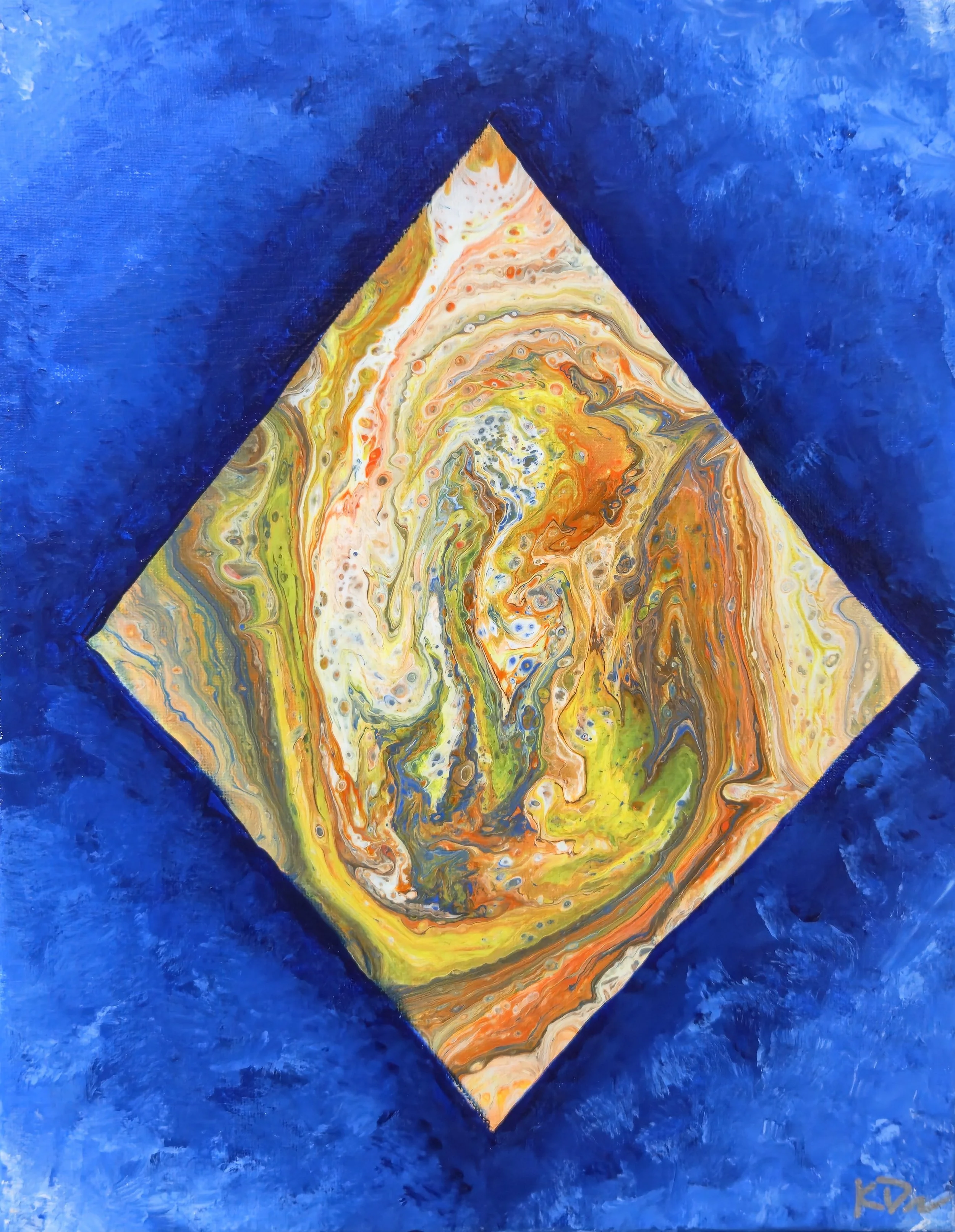 Abstract painting featuring swirling yellow, orange, white, and green colors within a diamond shape on a textured blue background.