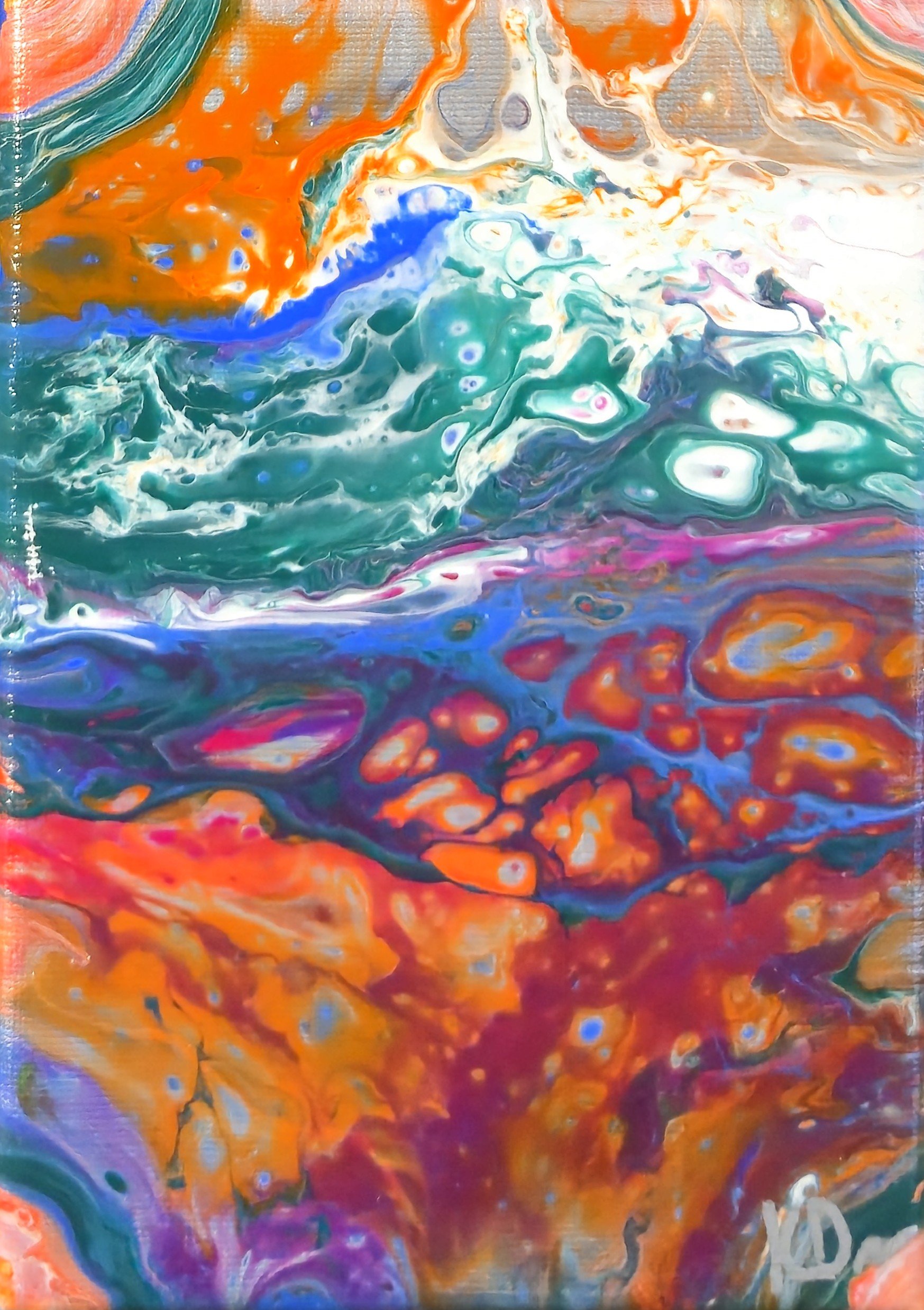 Abstract colorful painting with swirling patterns in shades of orange, teal, white, purple, and pink.