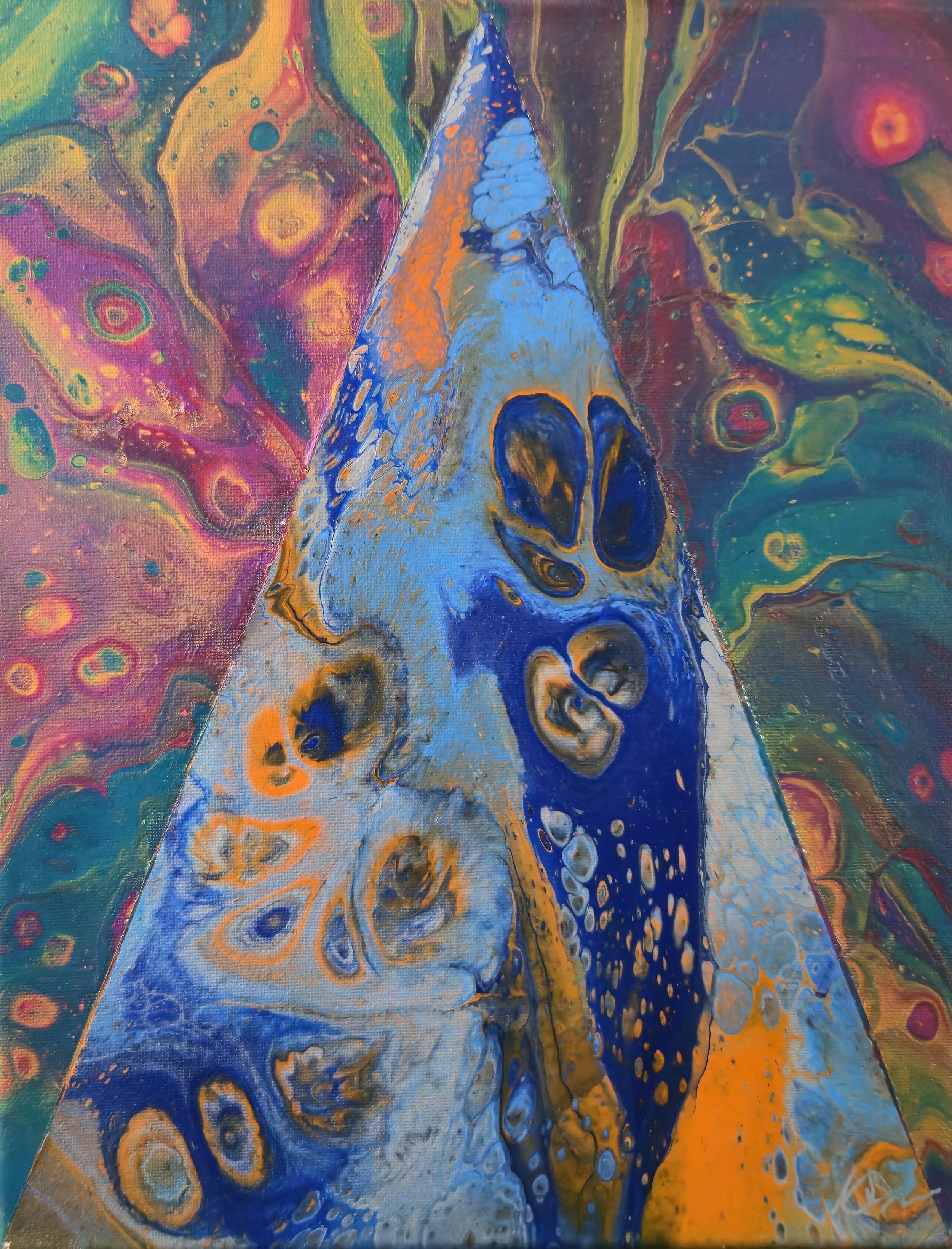 Abstract artwork with vibrant colors featuring a central pyramid-like shape with patterns resembling butterfly wings in blue, orange, yellow, and black, set against a swirling background of multicolored abstract forms.