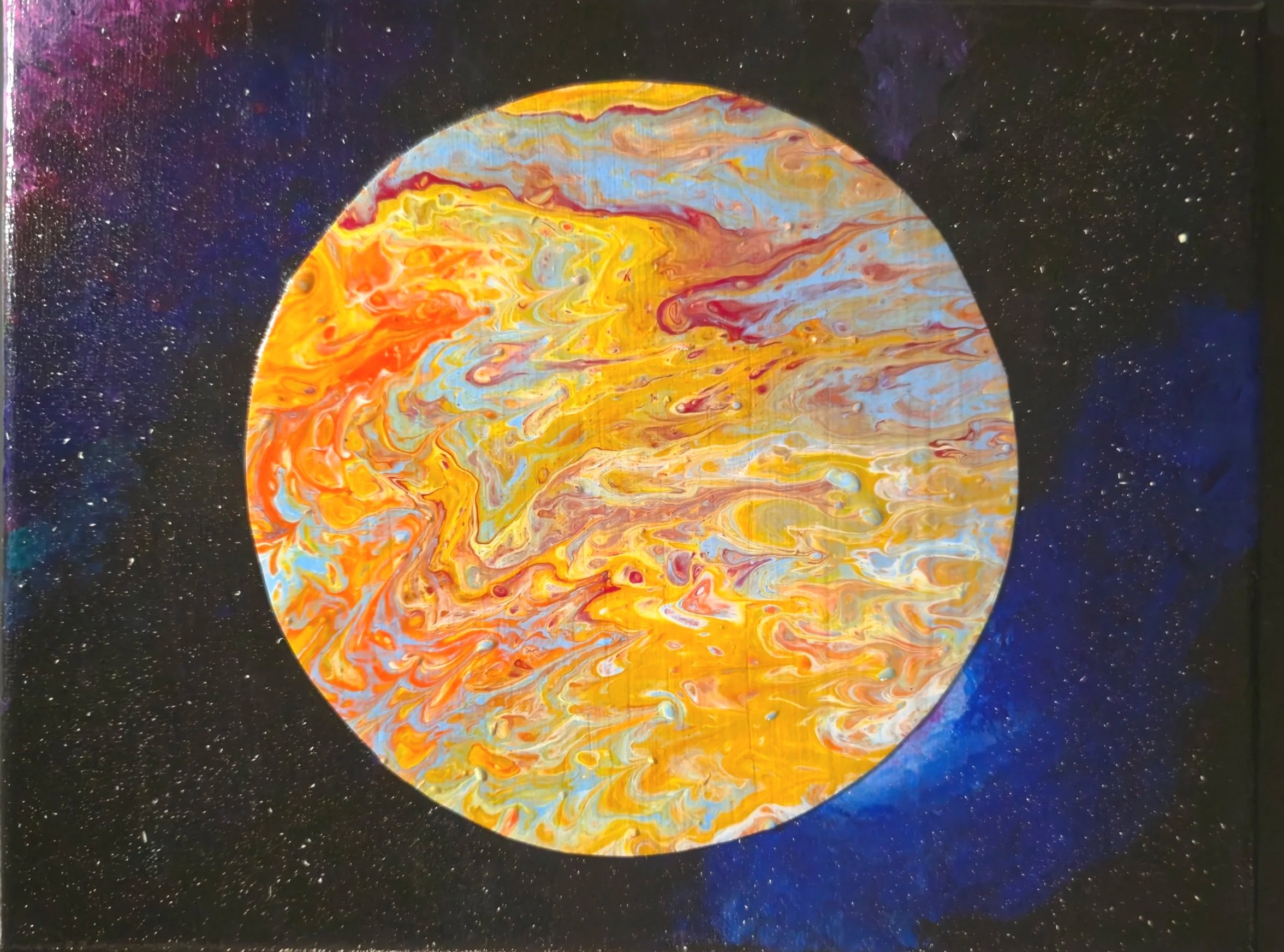 Abstract painting of a planet with swirling orange, yellow, and blue colors, set against a black background with white specks resembling stars.