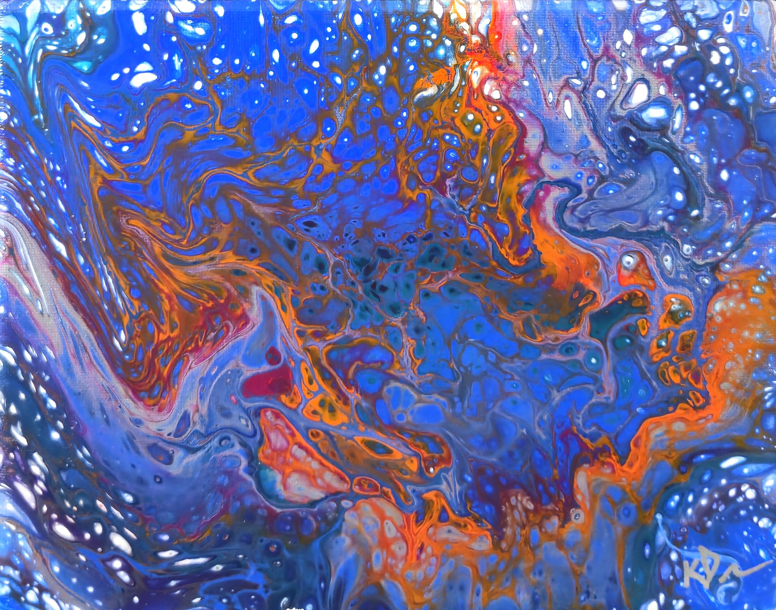 Abstract painting with swirling colors of blue, orange, purple, with hints of red and white, creating a marbled, fluid effect.