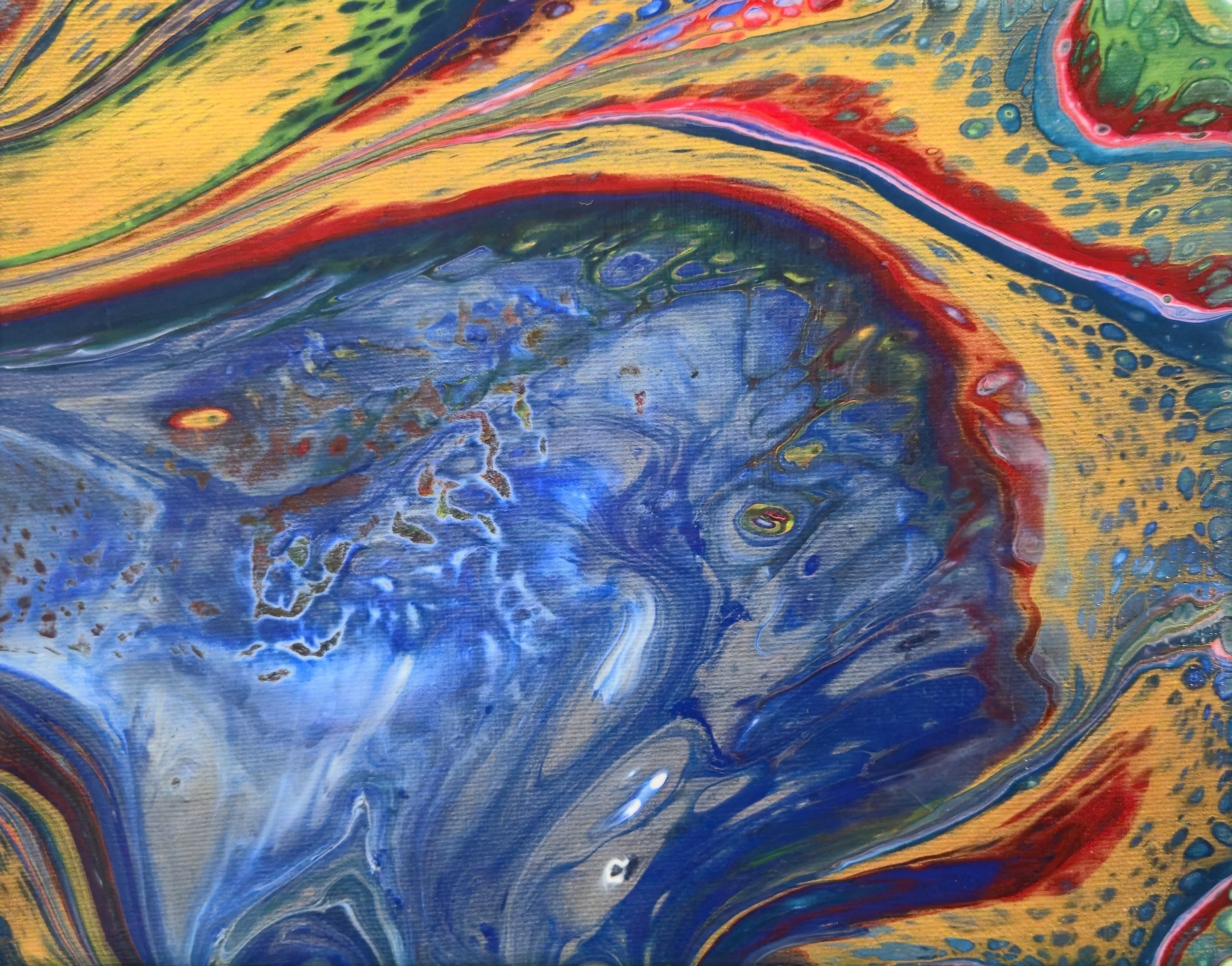 Abstract swirling oil painting with vibrant colors including blue, red, yellow, green, and hints of purple and white.