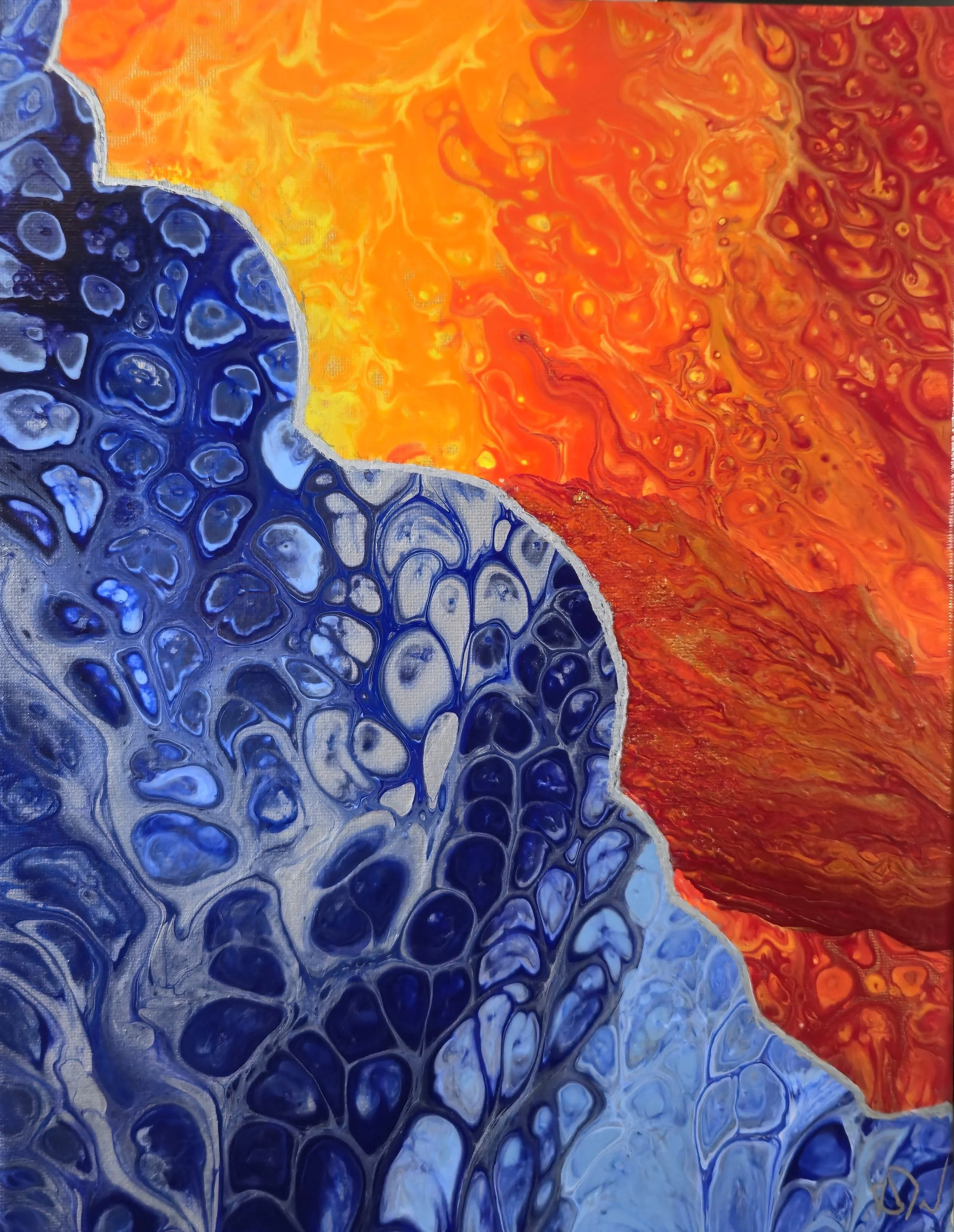 Abstract painting with blue, red, and orange swirls and patterns separated by a curving gray line.