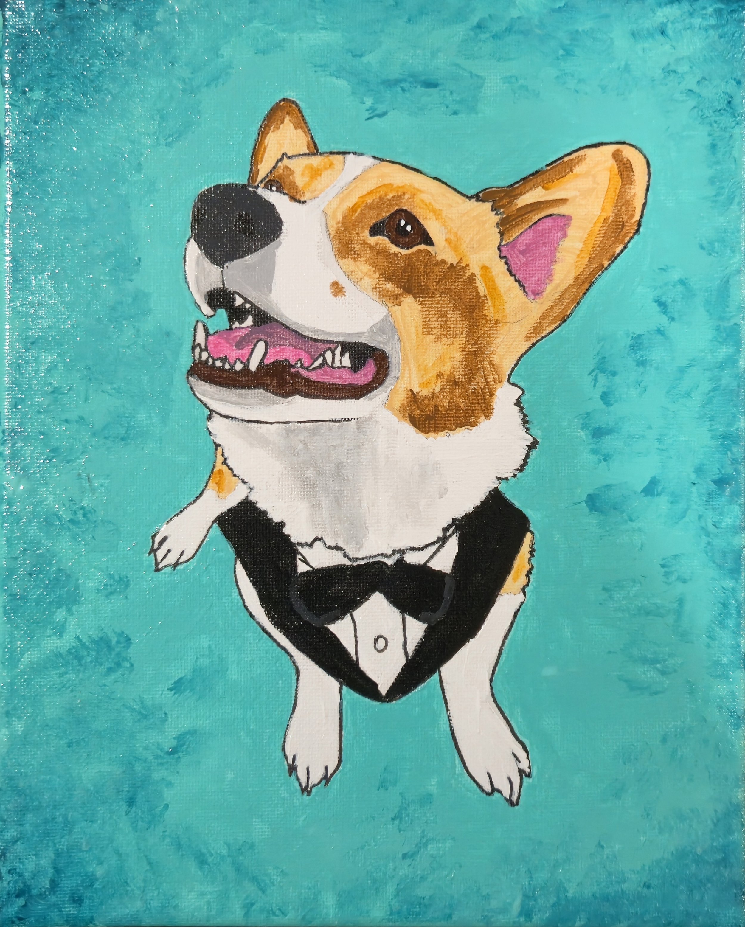 Painting of a happy dog wearing a tuxedo with a bow tie, set against a blue background.