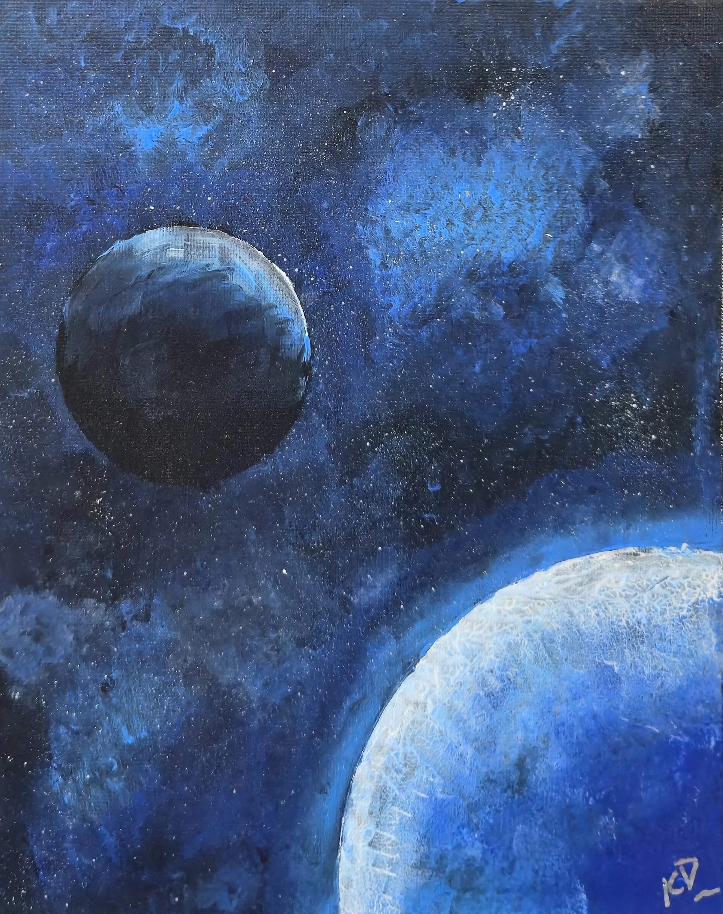 A painting depicting outer space with three celestial bodies, including planets and stars, in shades of blue and black.