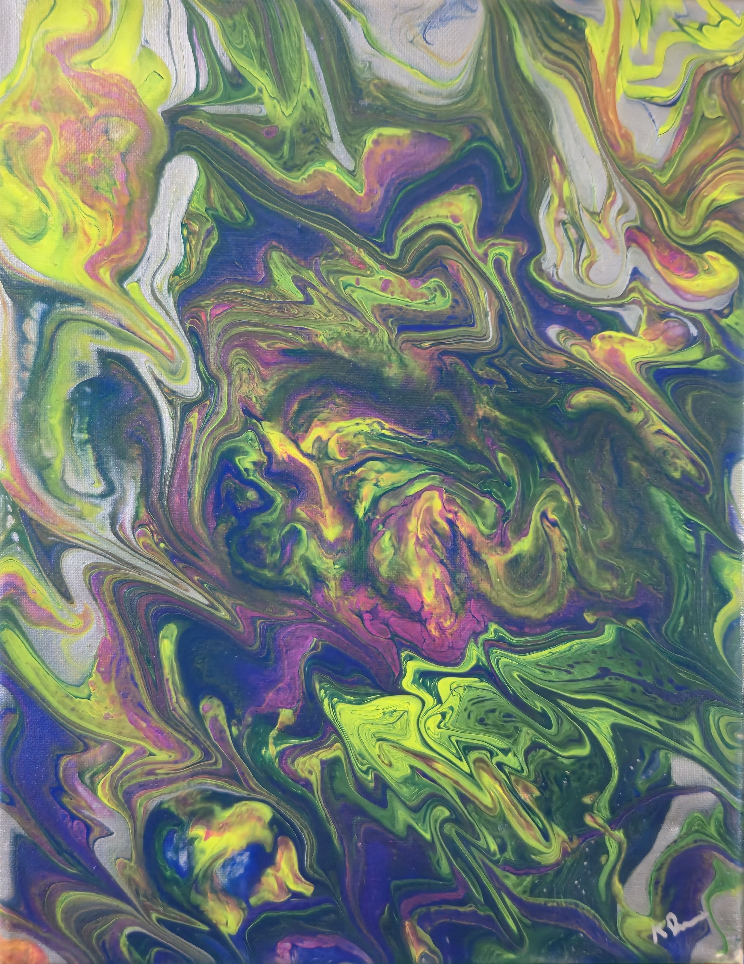 Abstract swirling painting with vibrant colors including yellow, green, purple, pink, blue, and white.