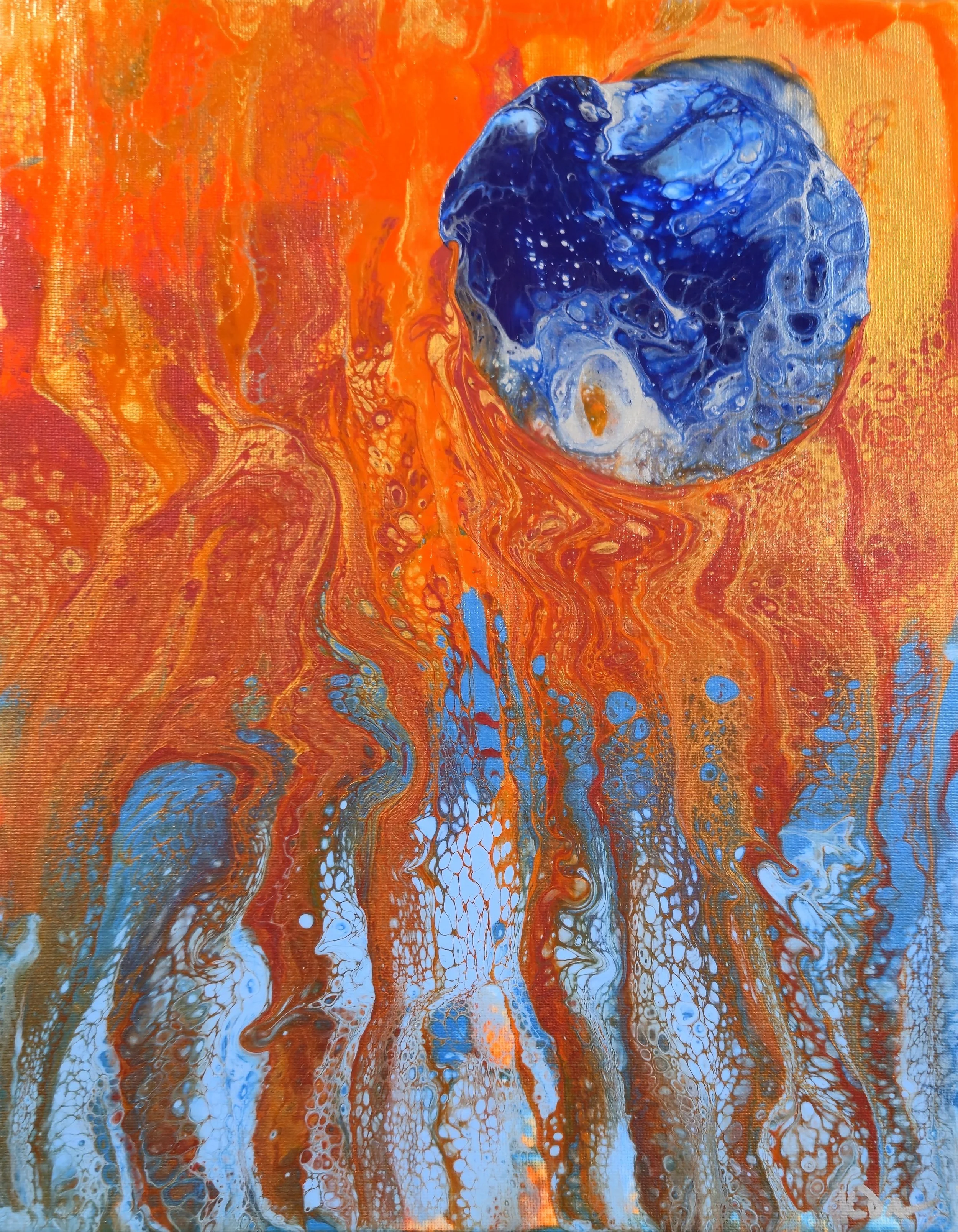 Abstract painting with a large blue and white circular shape on an orange background with flowing lines and cell-like patterns.