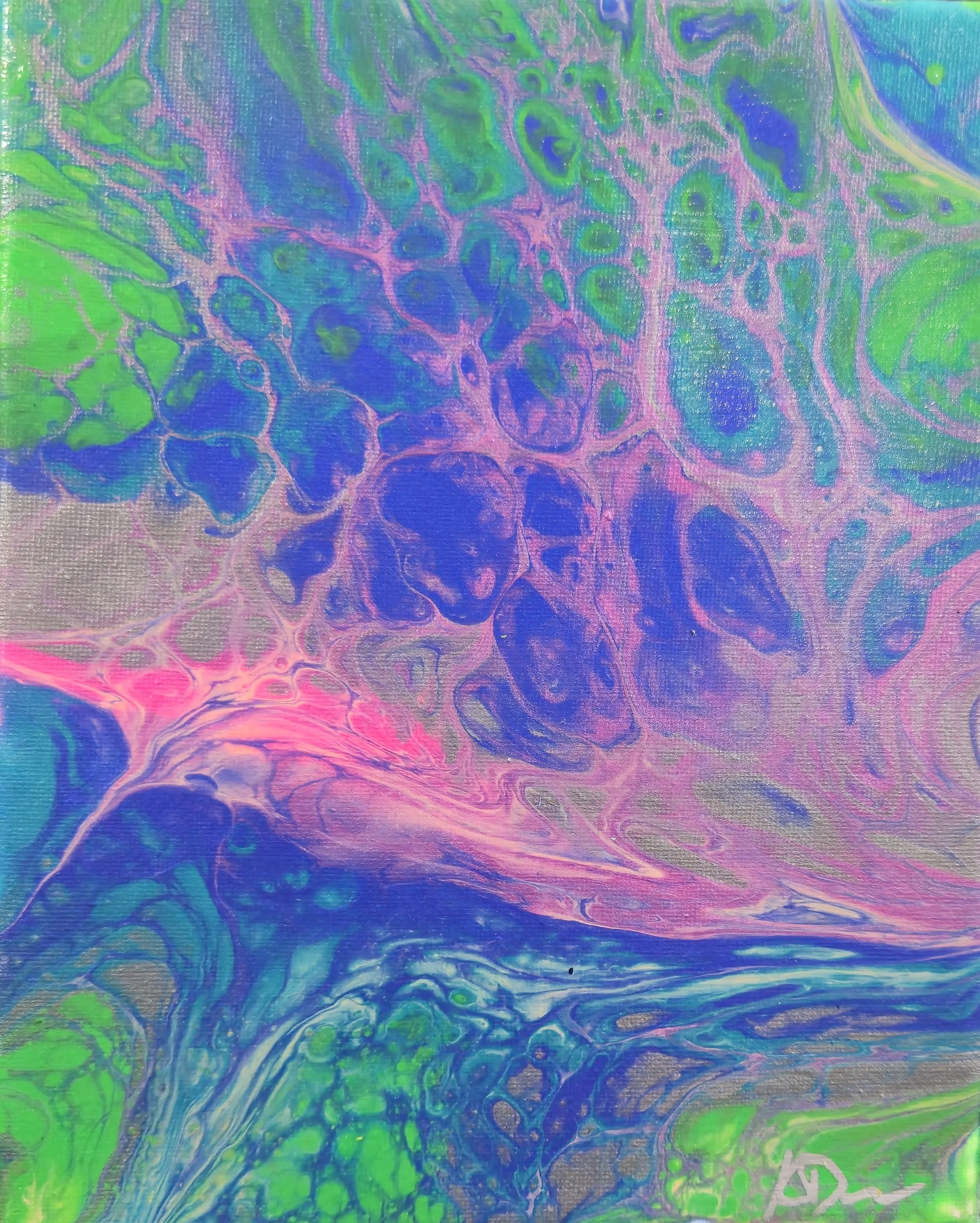 Abstract swirling pattern with neon colors including green, pink, blue, and purple.