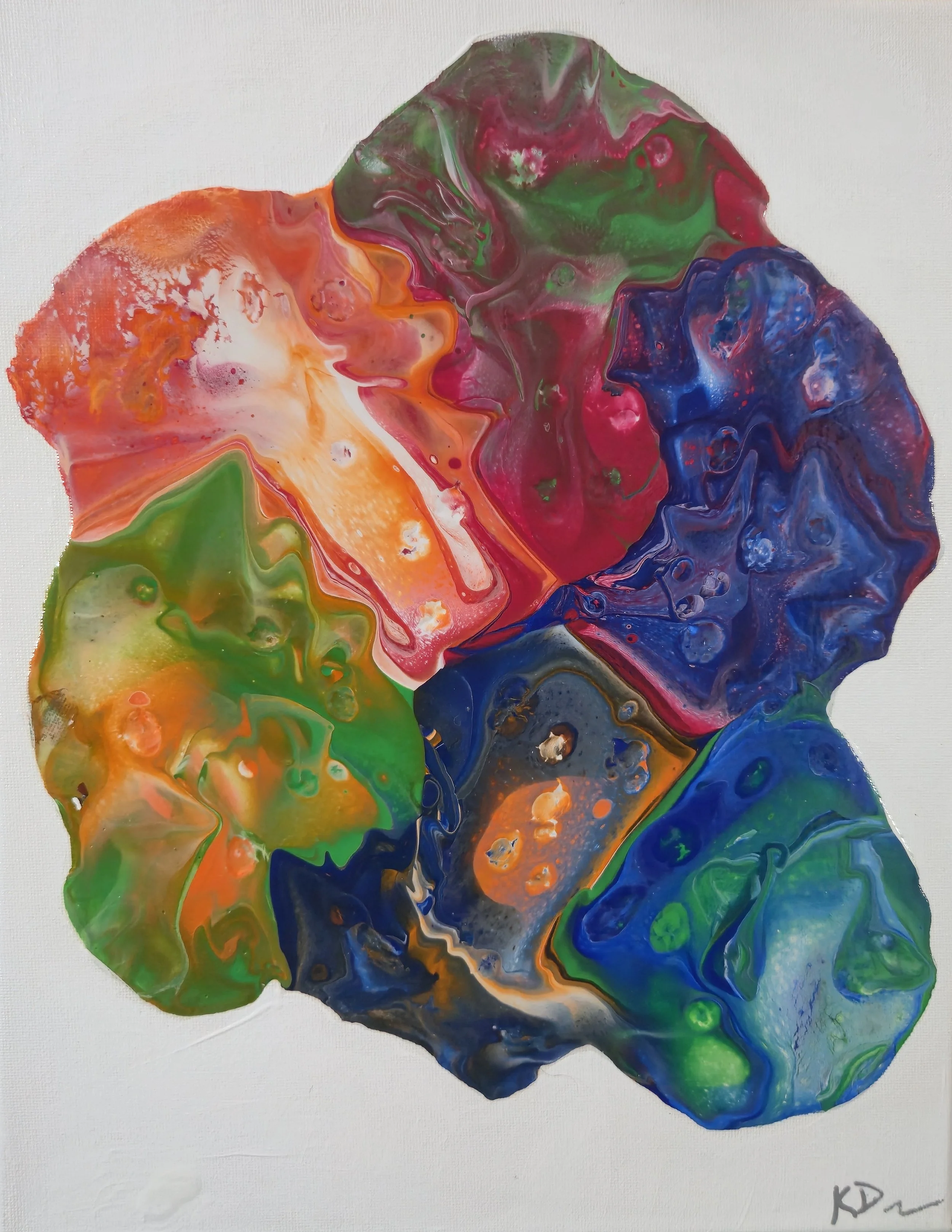 Abstract colorful painting with swirls of red, green, orange, blue, and yellow on a white background.