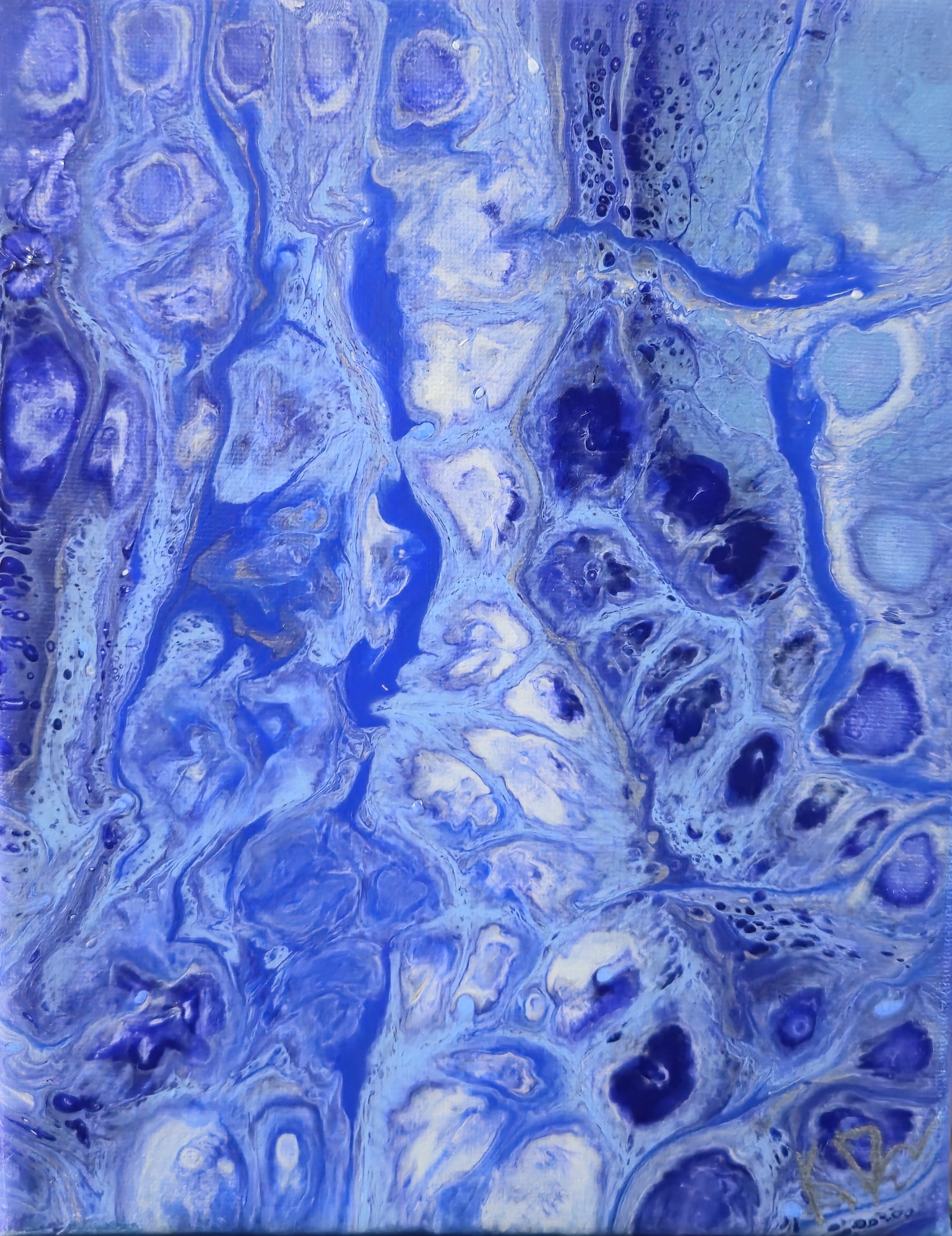 Abstract painting with various shades of blue, white, and hints of black, featuring swirling and bubbles pattern.