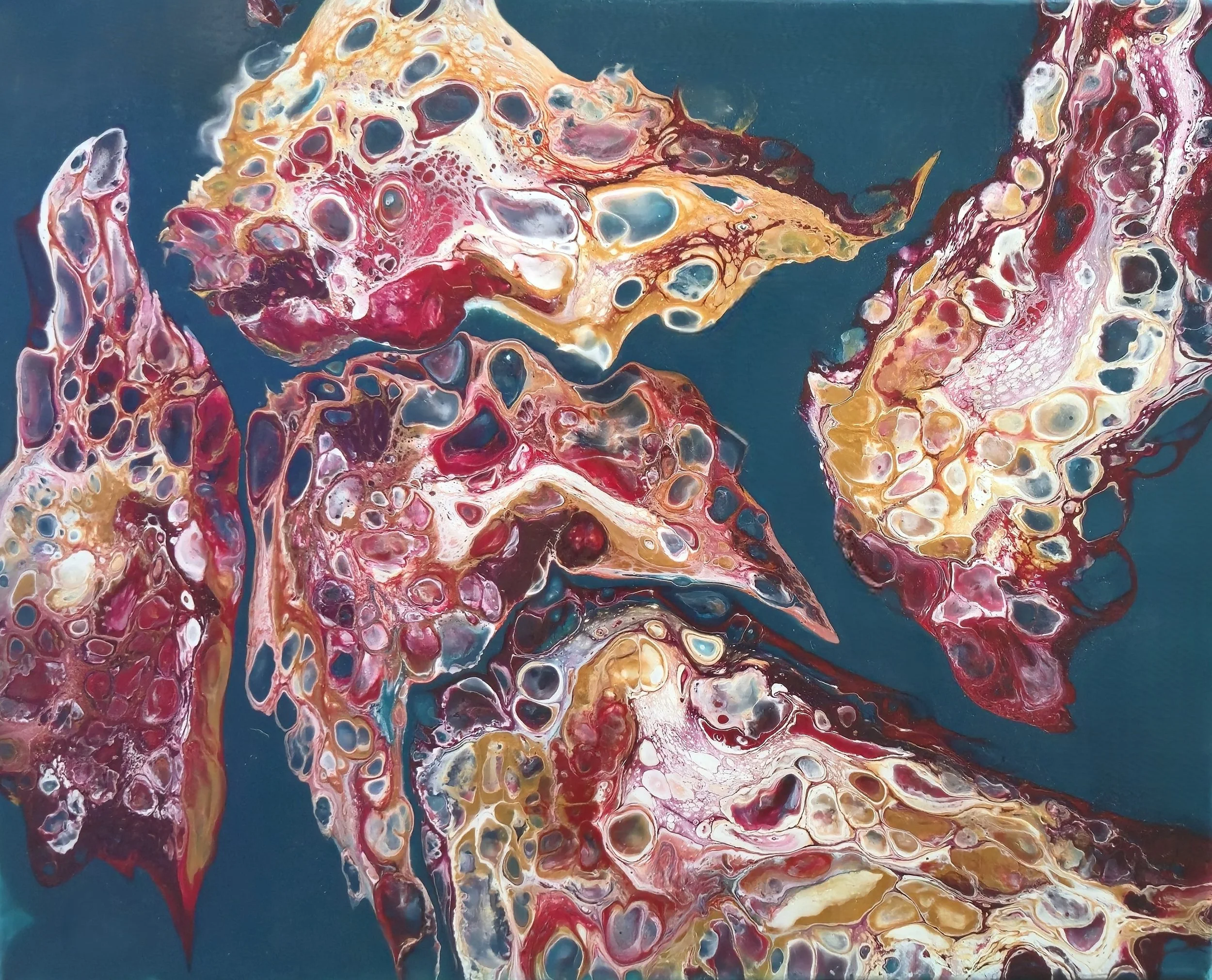 Abstract painting with swirling patterns of red, gold, pink, white, and black on a teal background.