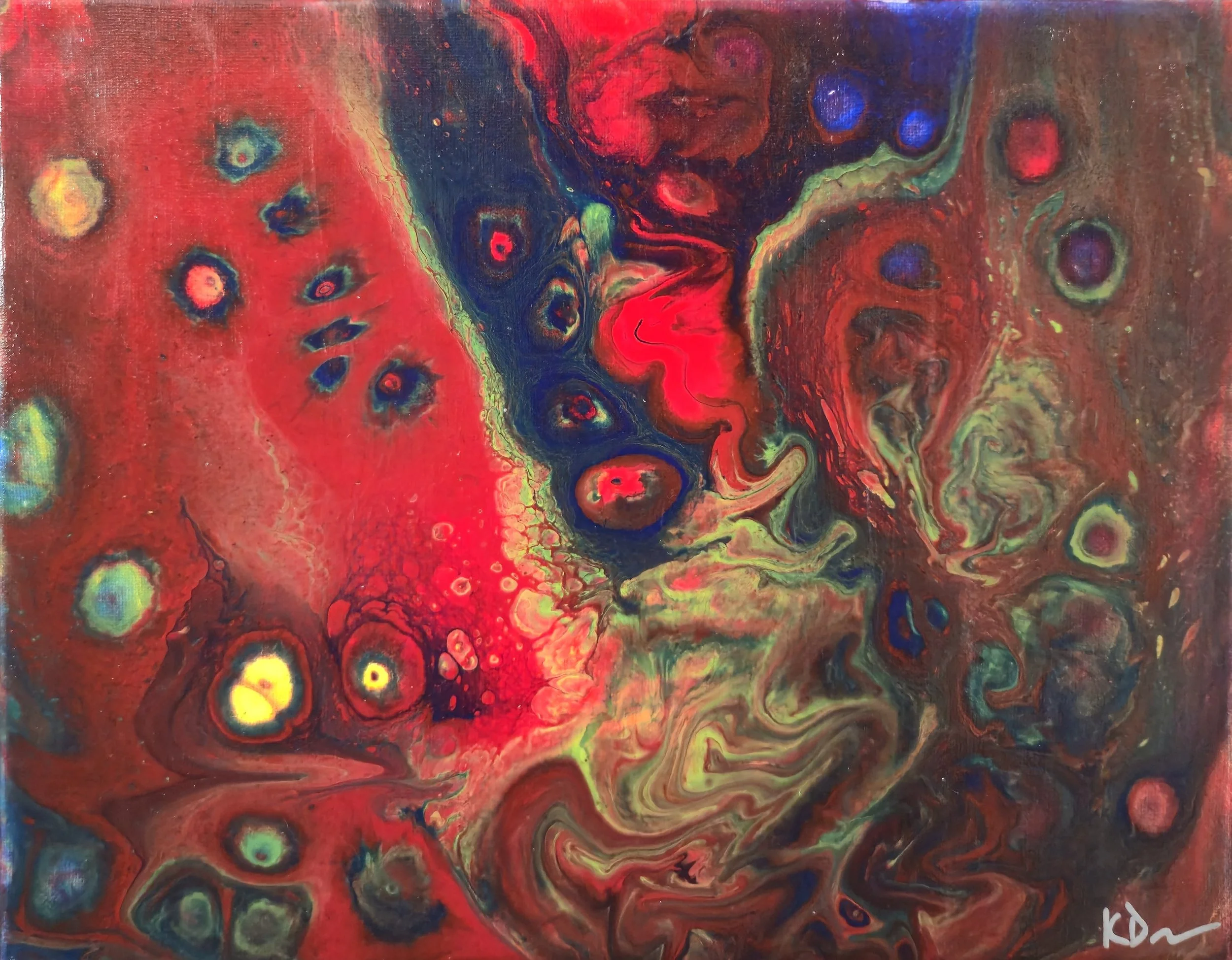 Abstract painting with swirling red, blue, green, and yellow colors, featuring circular patterns and fluid textures.