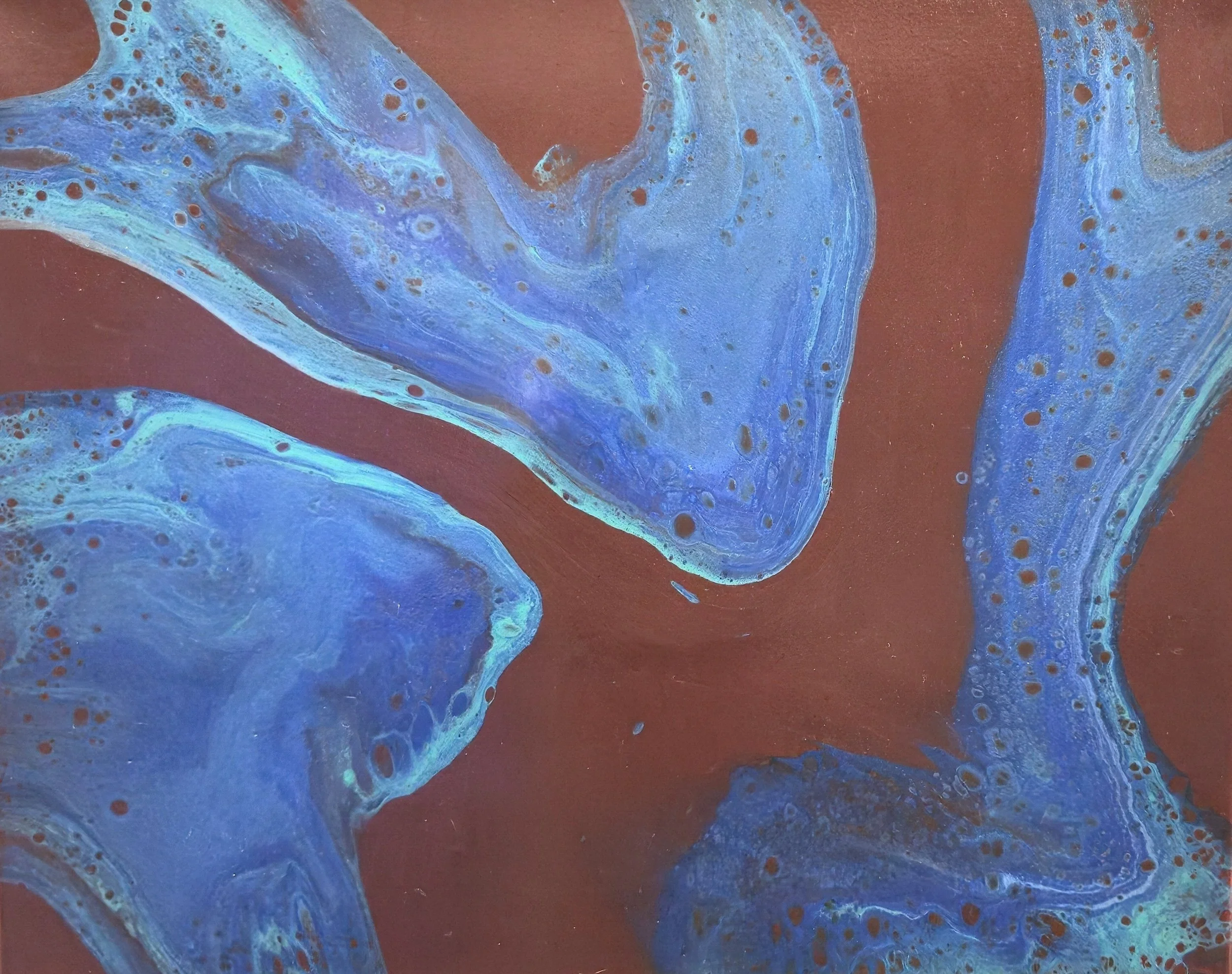 Abstract painting with blue and turquoise fluid shapes on a brown background.