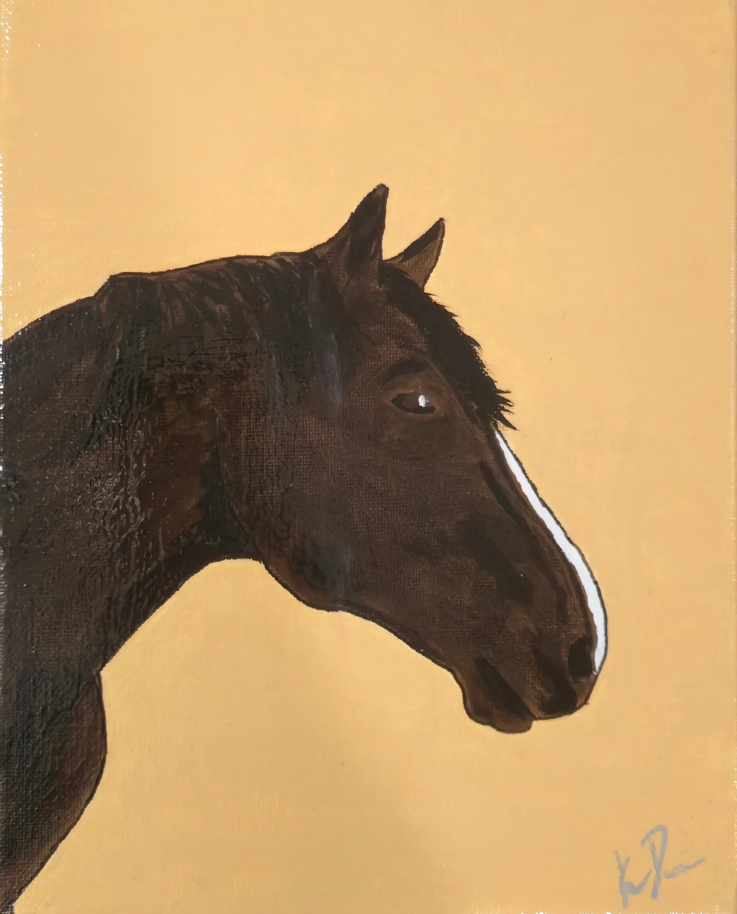 Painting of a black horse with a white stripe on its face against a yellow background.