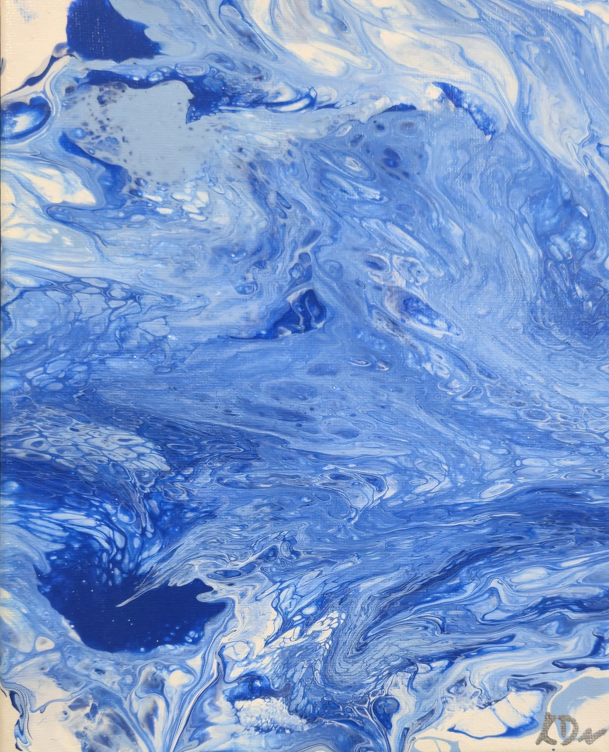 Abstract painting with swirling blue and white colors creating a marbled effect.