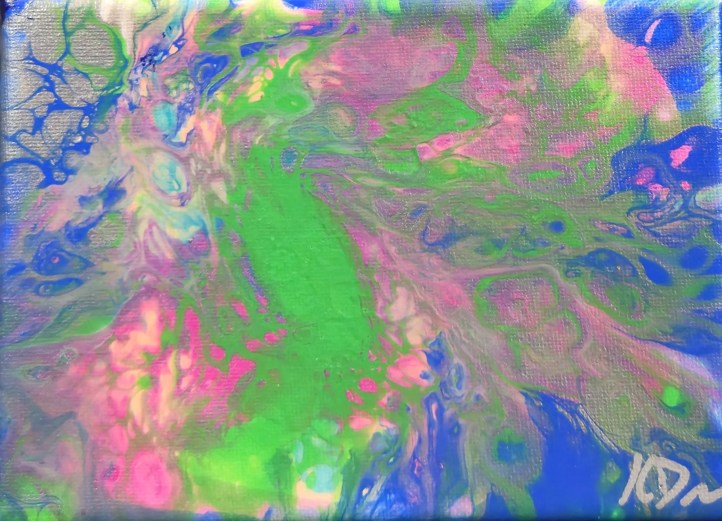 Abstract painting with swirling patterns of pink, green, blue, and purple colors.