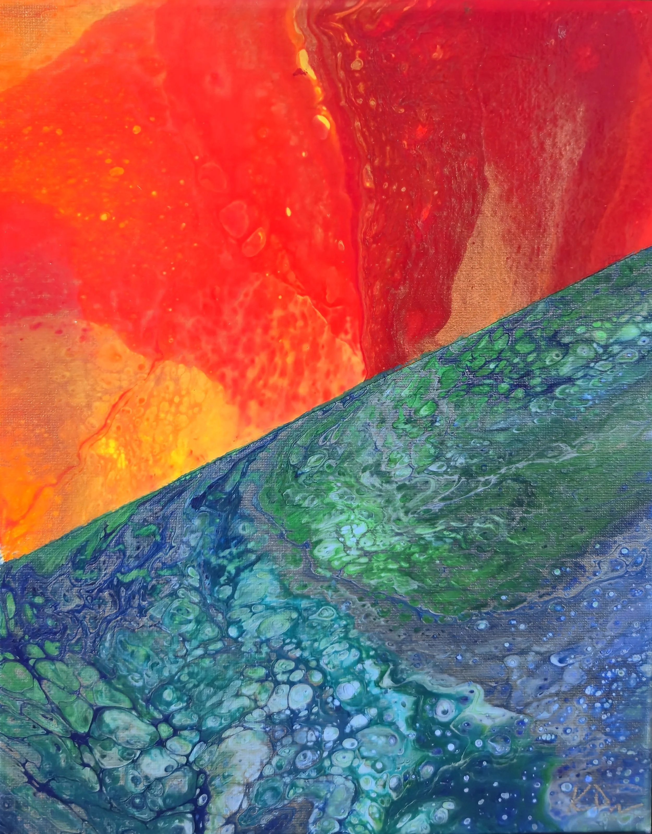Abstract painting with bright red and orange hues at the top and swirling shades of green and blue at the bottom