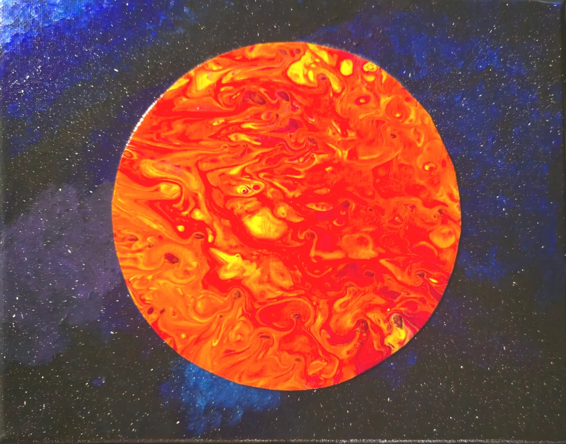 An artistic representation of a fiery red and orange planet with a swirling, marbled surface, set against a starry outer space background with blue and black hues.