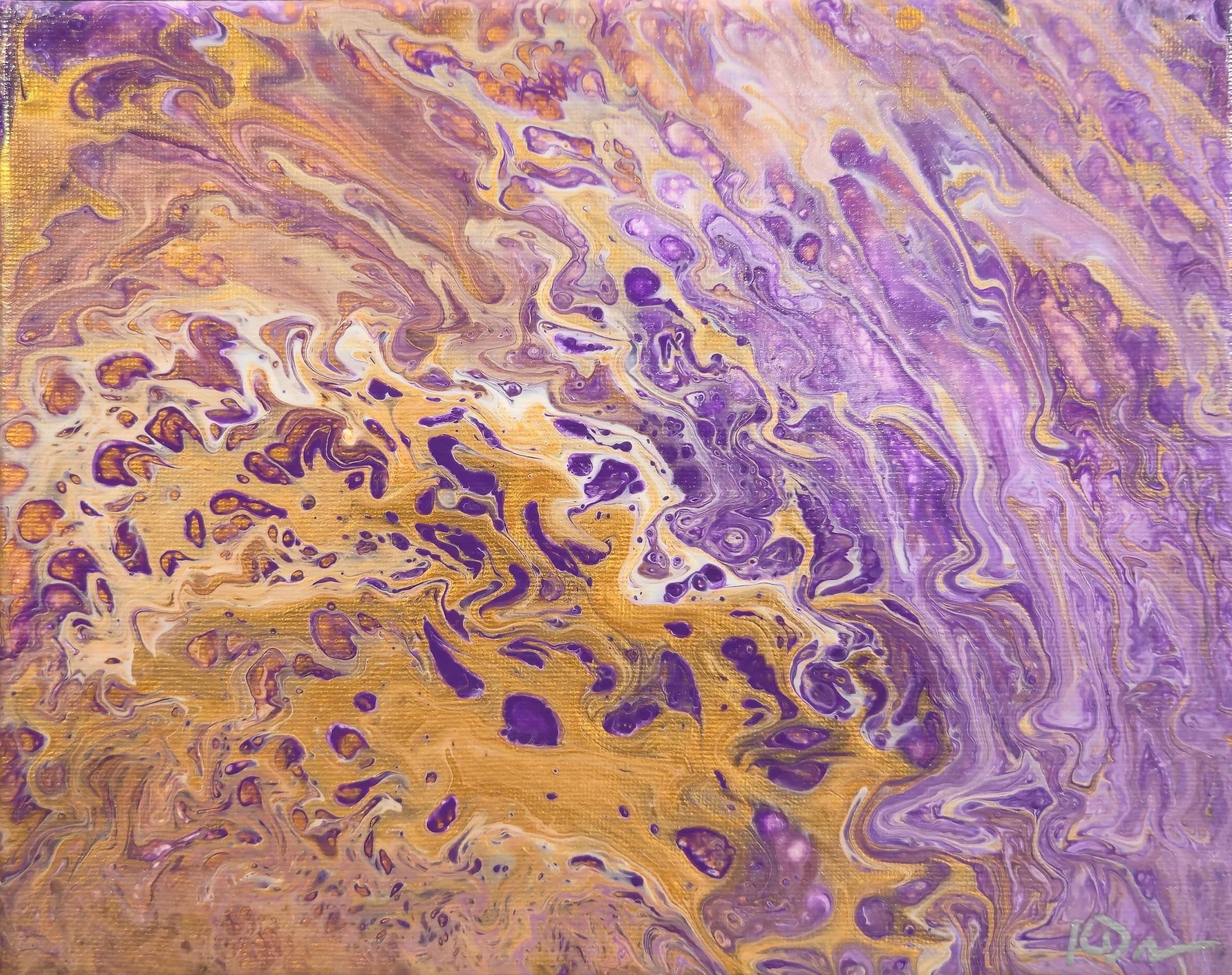 Abstract fluid art painting with swirling patterns in purple, gold, and beige colors.