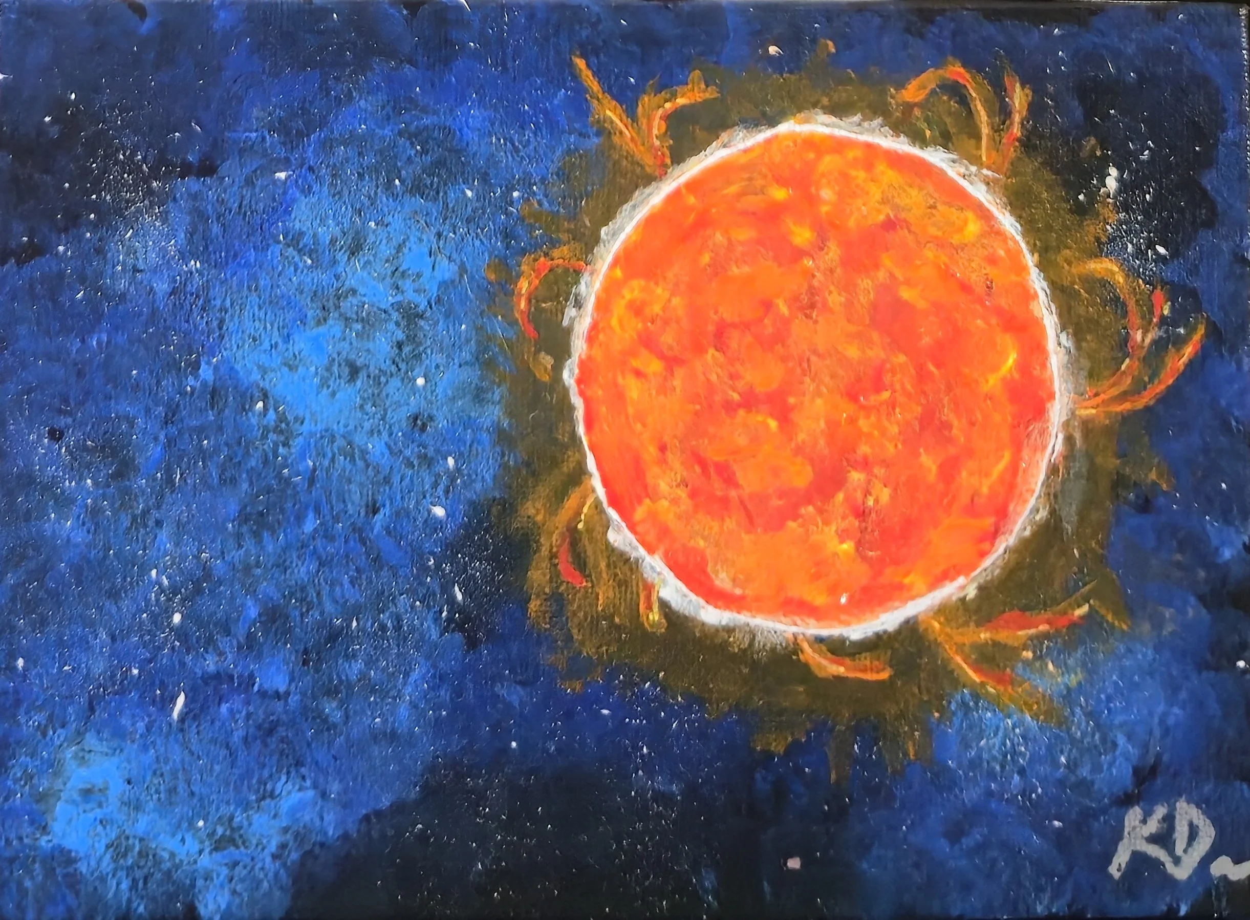 A vivid painting of a bright orange sun with fiery yellow and red accents, set against a deep blue and black space background with white star-like specks.